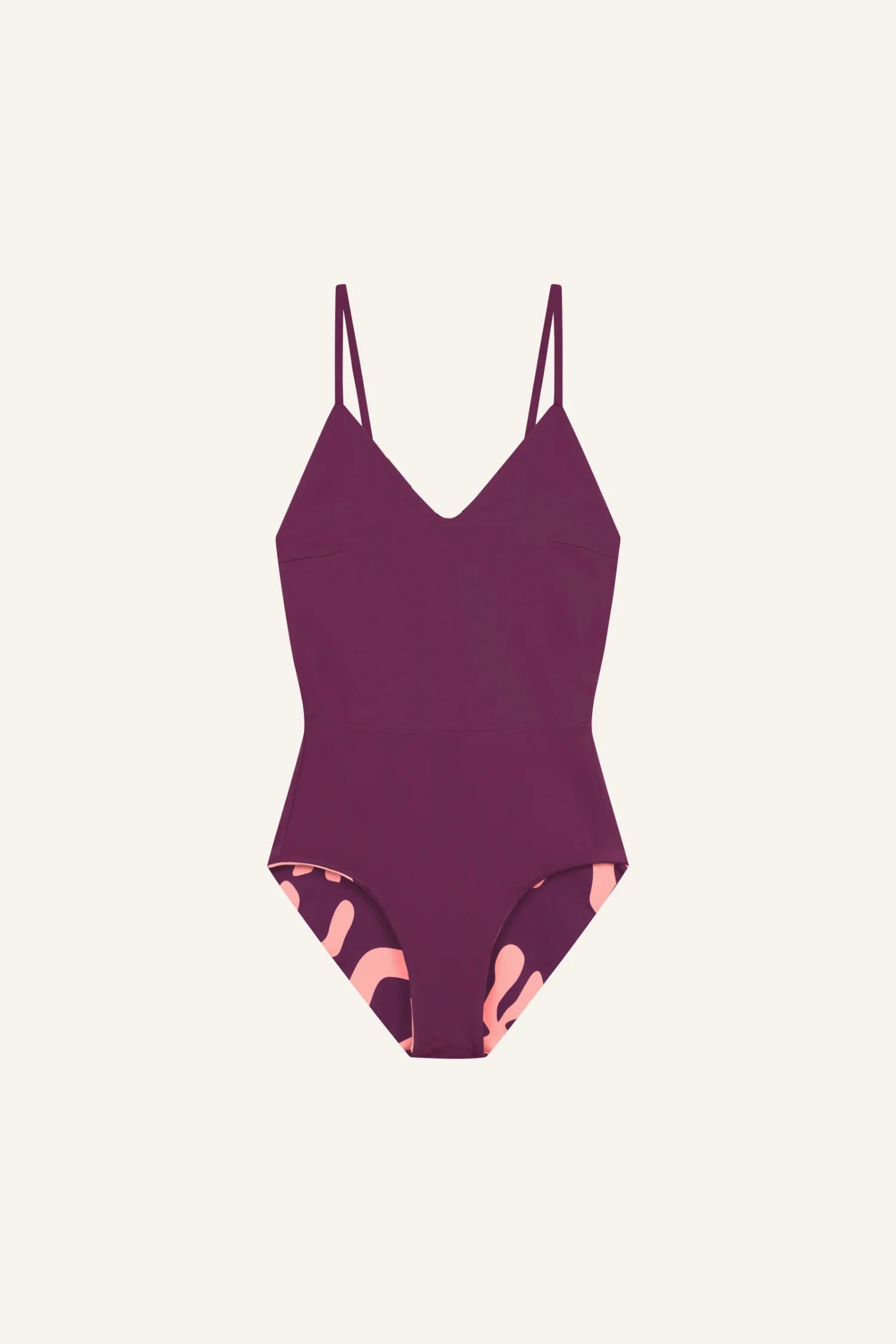 Lila MYMARINI Badeanzug mit V-Ausschnitt und hohem Beinausschnitt, Spaghettiträger.#color_berry-print