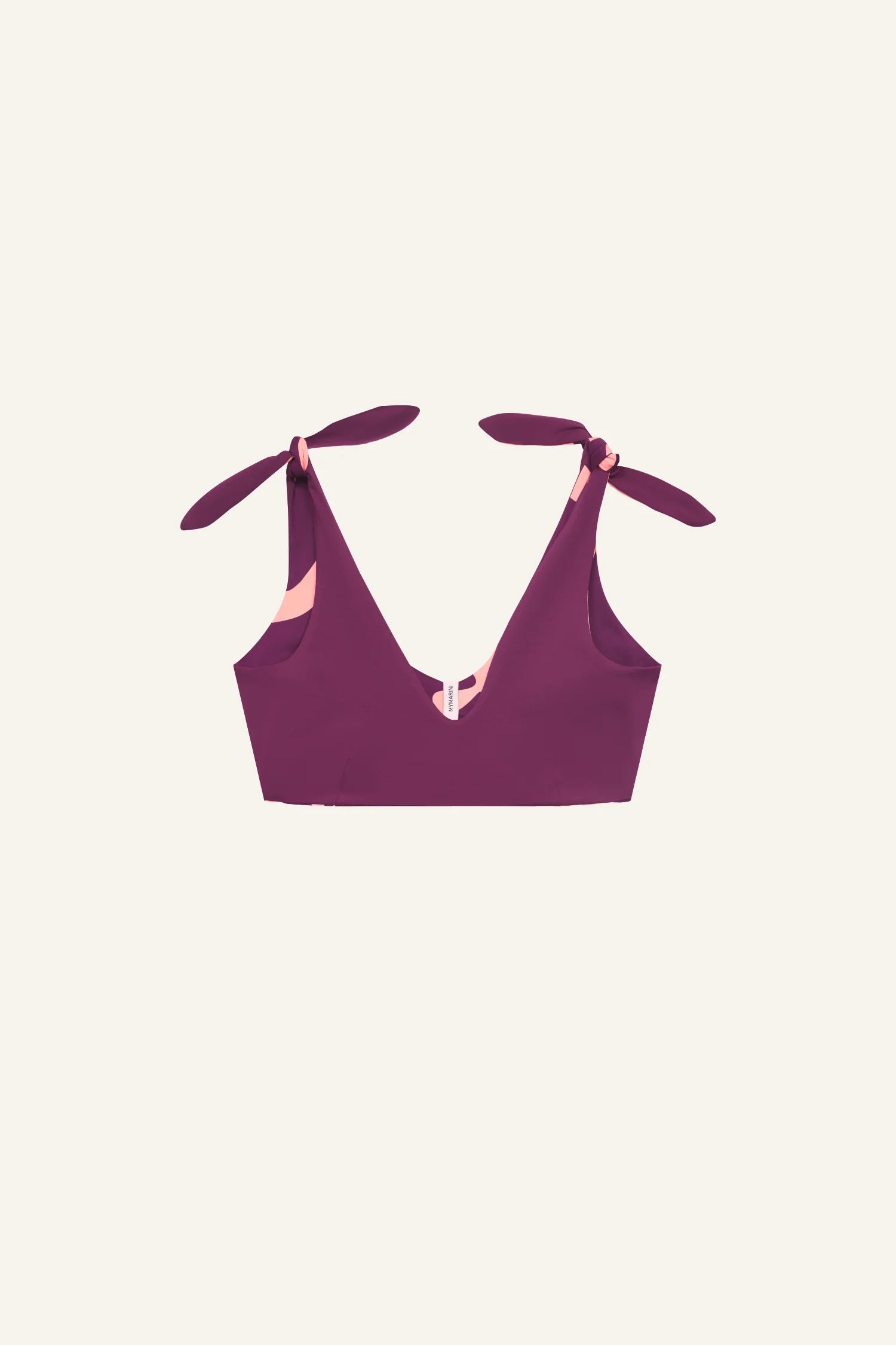 MYMARINI Bikinitop in Dunkelrot mit V-Ausschnitt und breiten Trägern, die an den Schultern gebunden sind.#color_berry-print