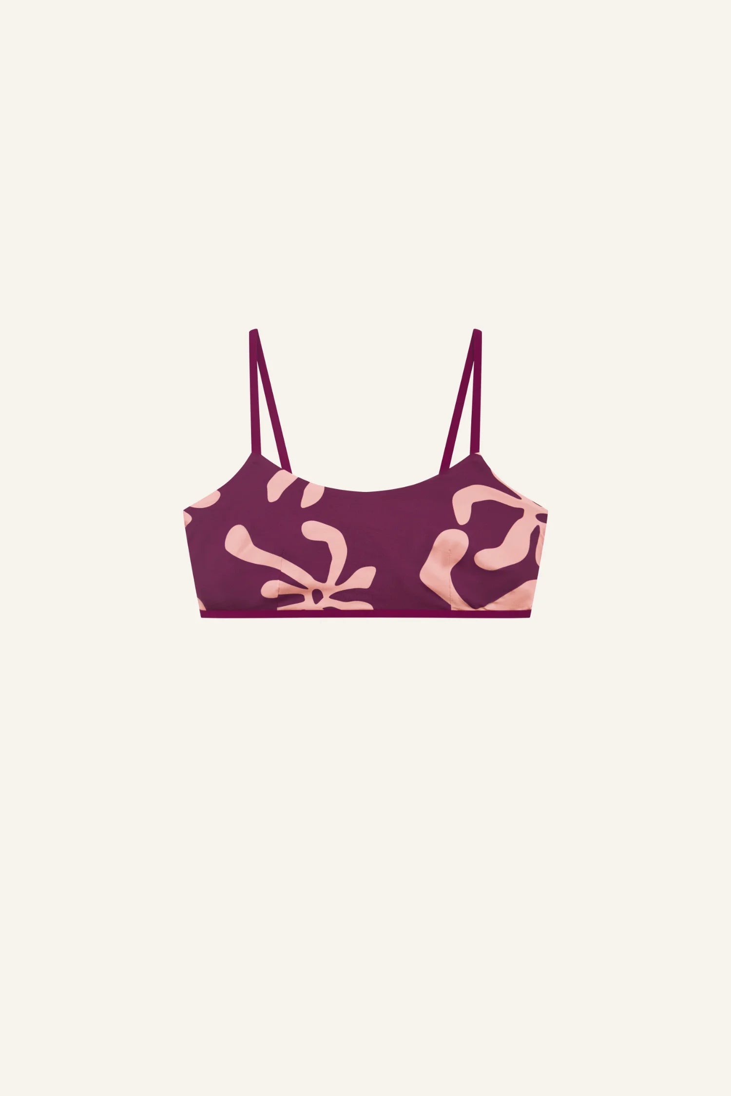 Bikinitop von MYMARINI mit Spaghettiträgern und floralem Muster auf dunklem Hintergrund.#color_berry-print