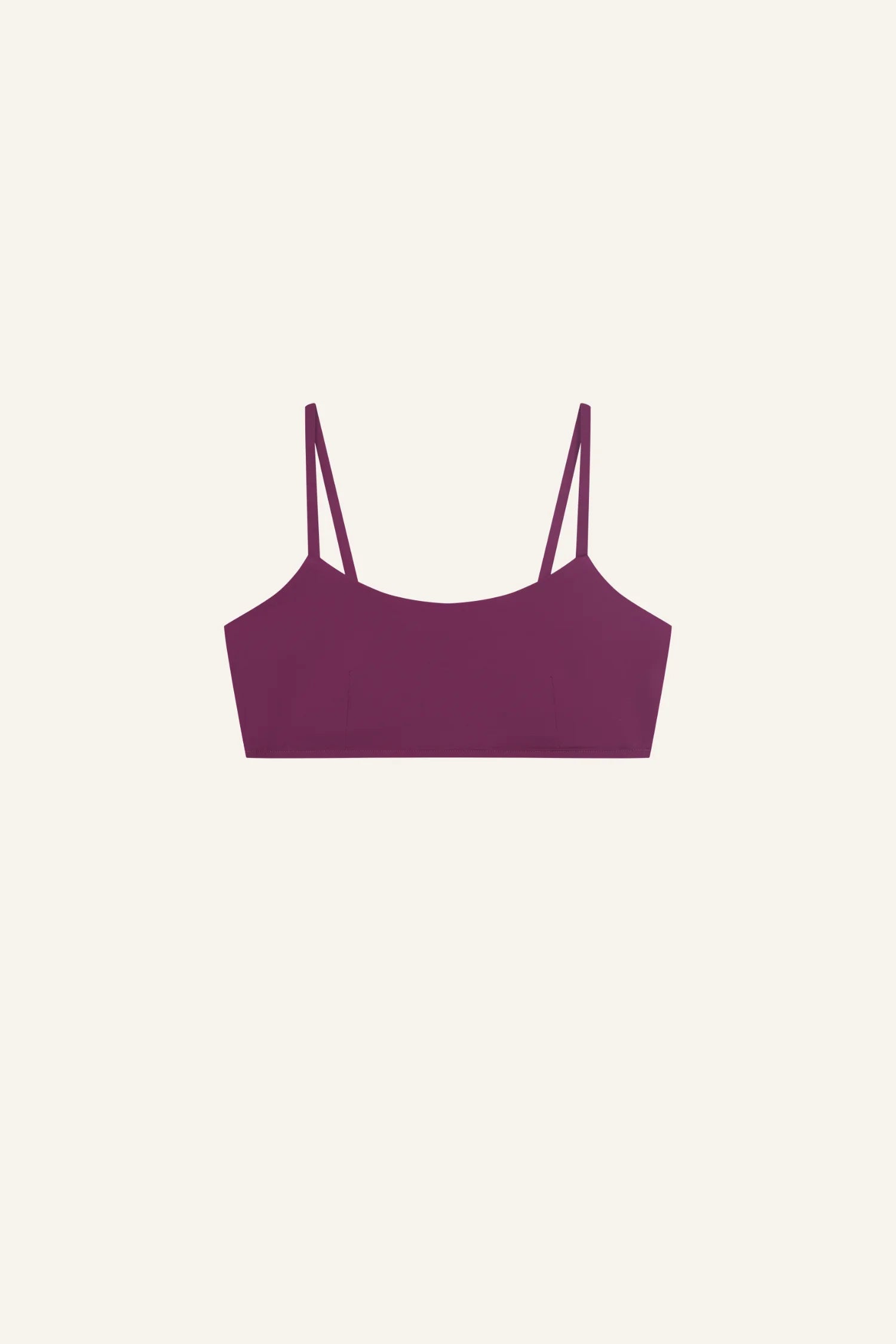 MYMARINI Bikinitop in Lila mit Spaghettiträgern vor hellem Hintergrund.#color_berry-print