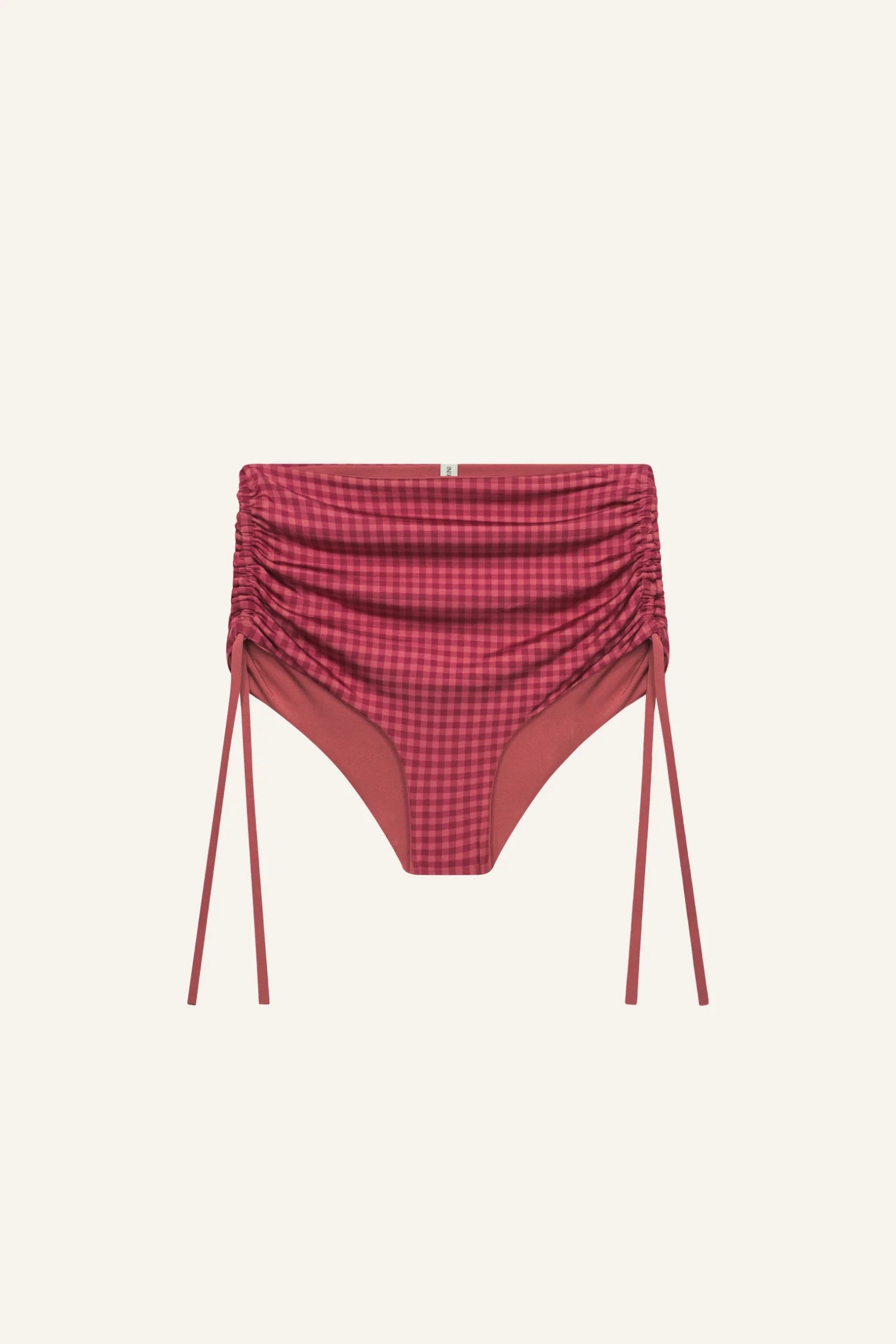 MYMARINI Bikinihose mit hohem Bund, rotem Karomuster, seitlichen Raffungen und langen Bindebändern.#color_rouge-vichy