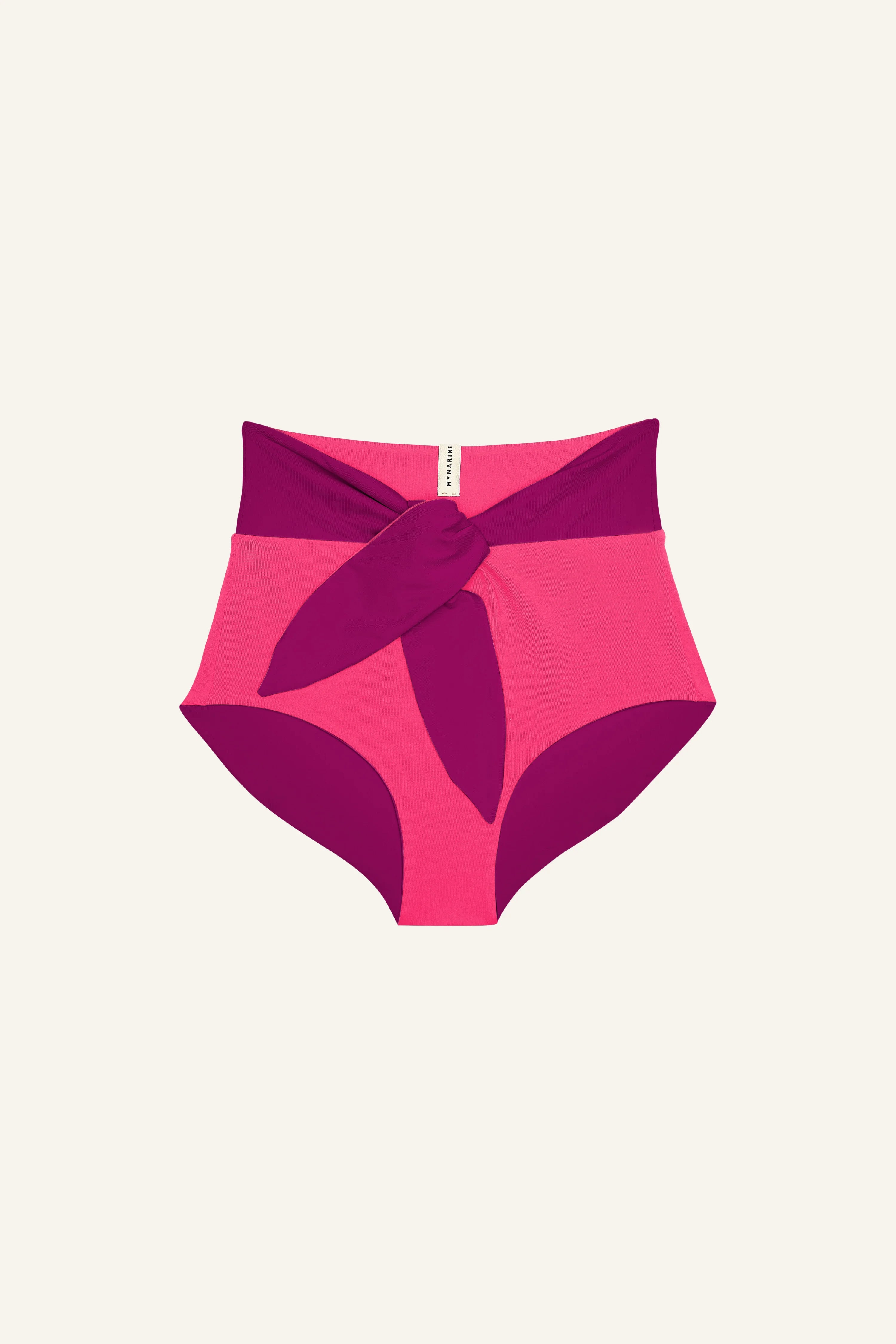 MYMARINI Bikinihose in Pink und Lila mit hohem Bund und Schleifendetail.#color_pink-hortensia