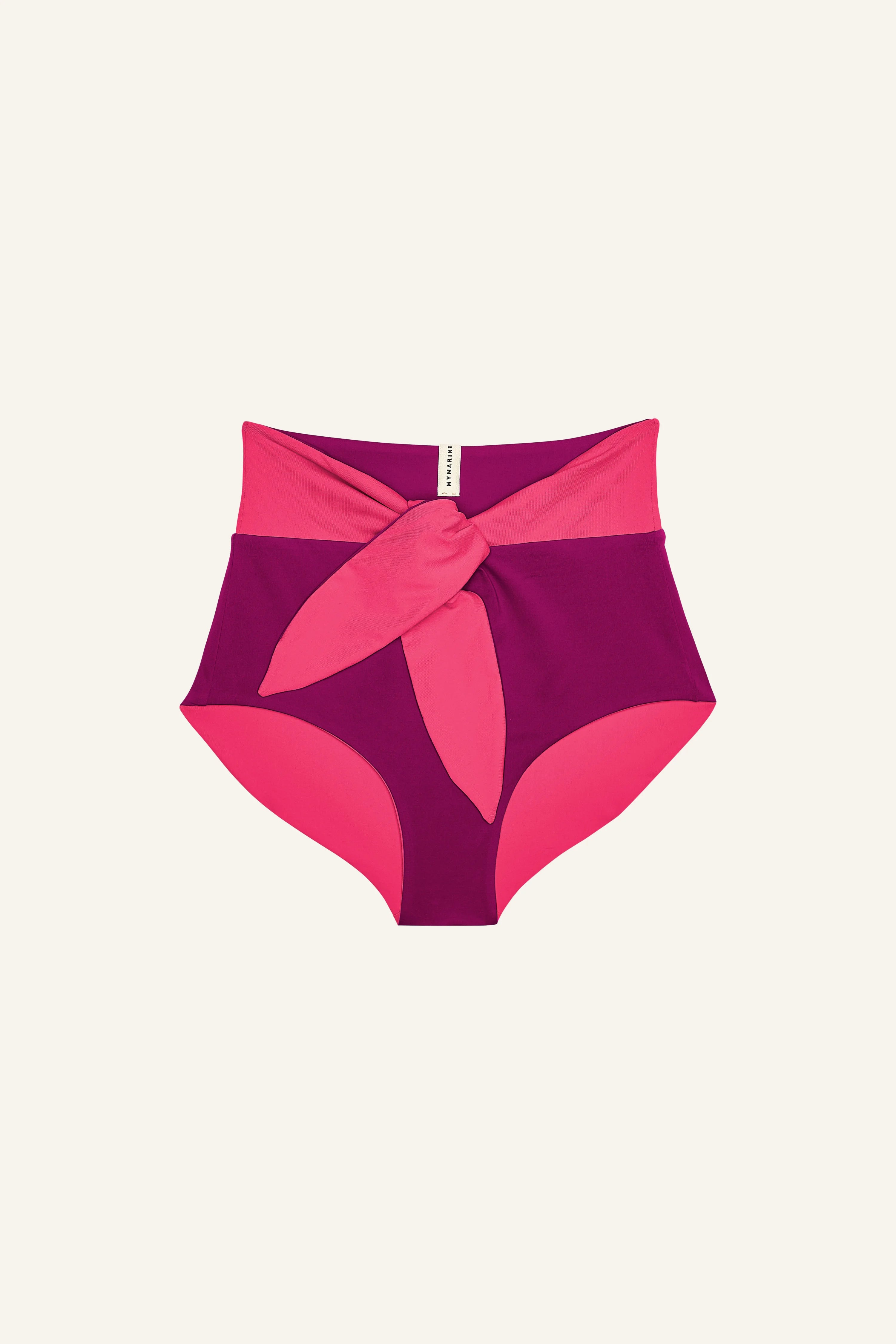 MYMARINI Bikinihose in Pink und Lila, High Waist mit breitem Bund und Knoten-Detail vorne.#color_pink-hortensia