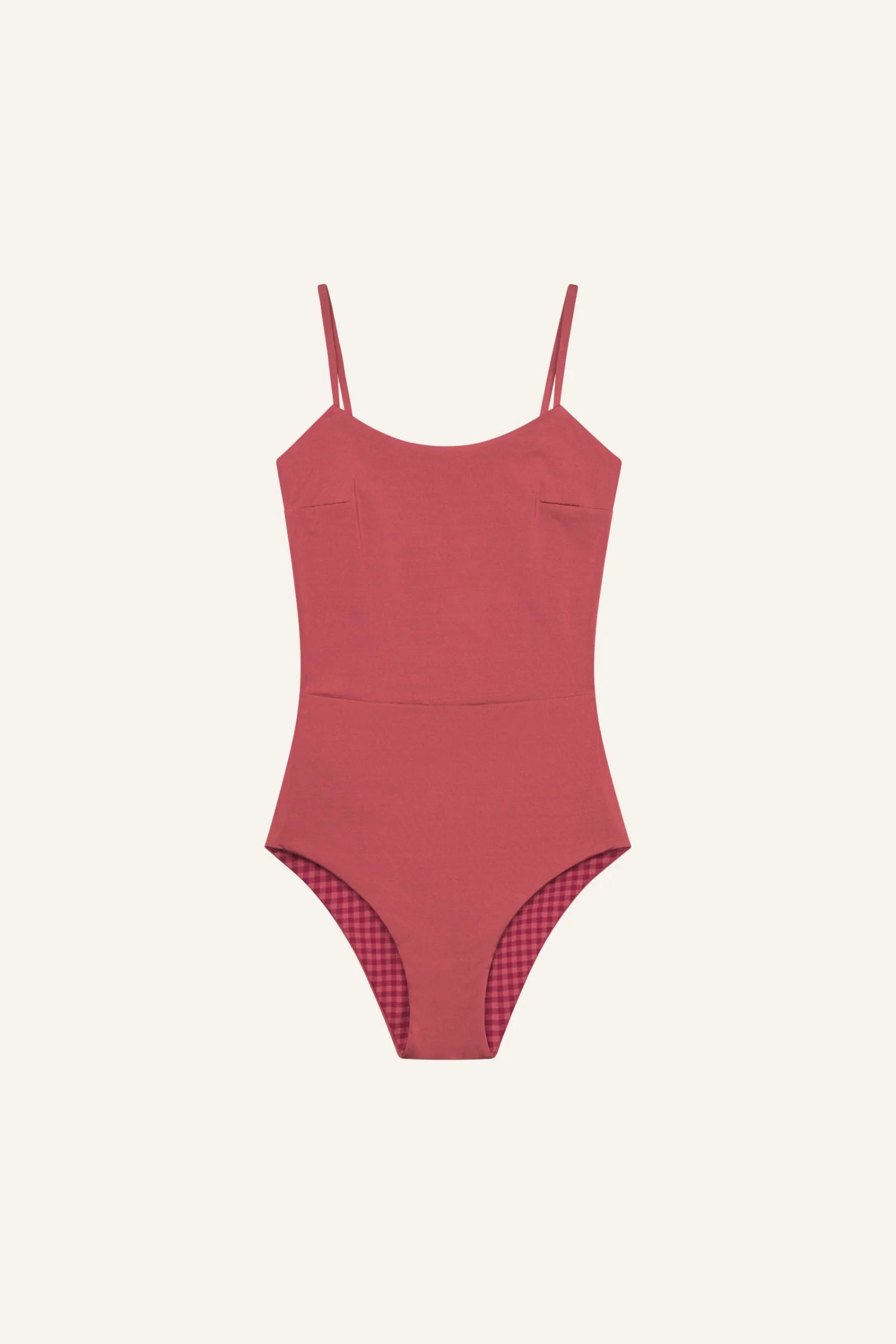 MYMARINI One-Piece-Badeanzug in pink mit Spaghettiträgern, Hoher Beinausschnitt, innen kariertes Futter sichtbar.#color_rouge-vichy