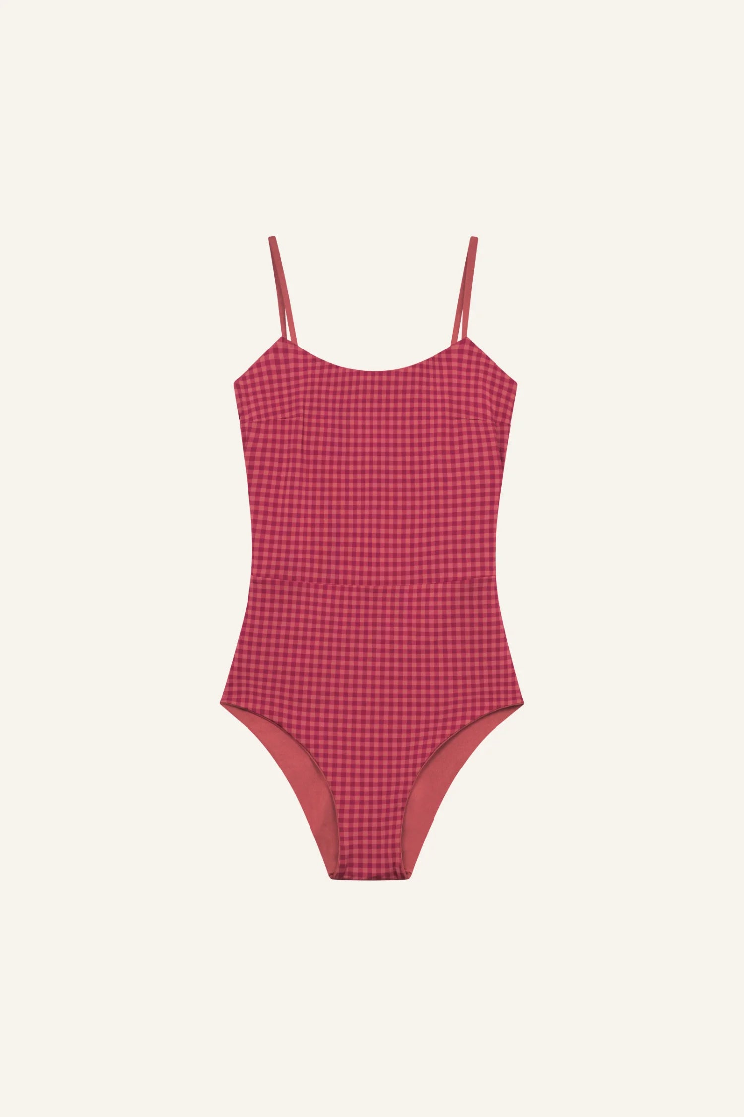 MYMARINI One-Piece, rotes Vichy-Karo-Muster, Spaghettiträger, Frontansicht – klare Linien, ohne werbliche Beschönigungen.#color_rouge-vichy
