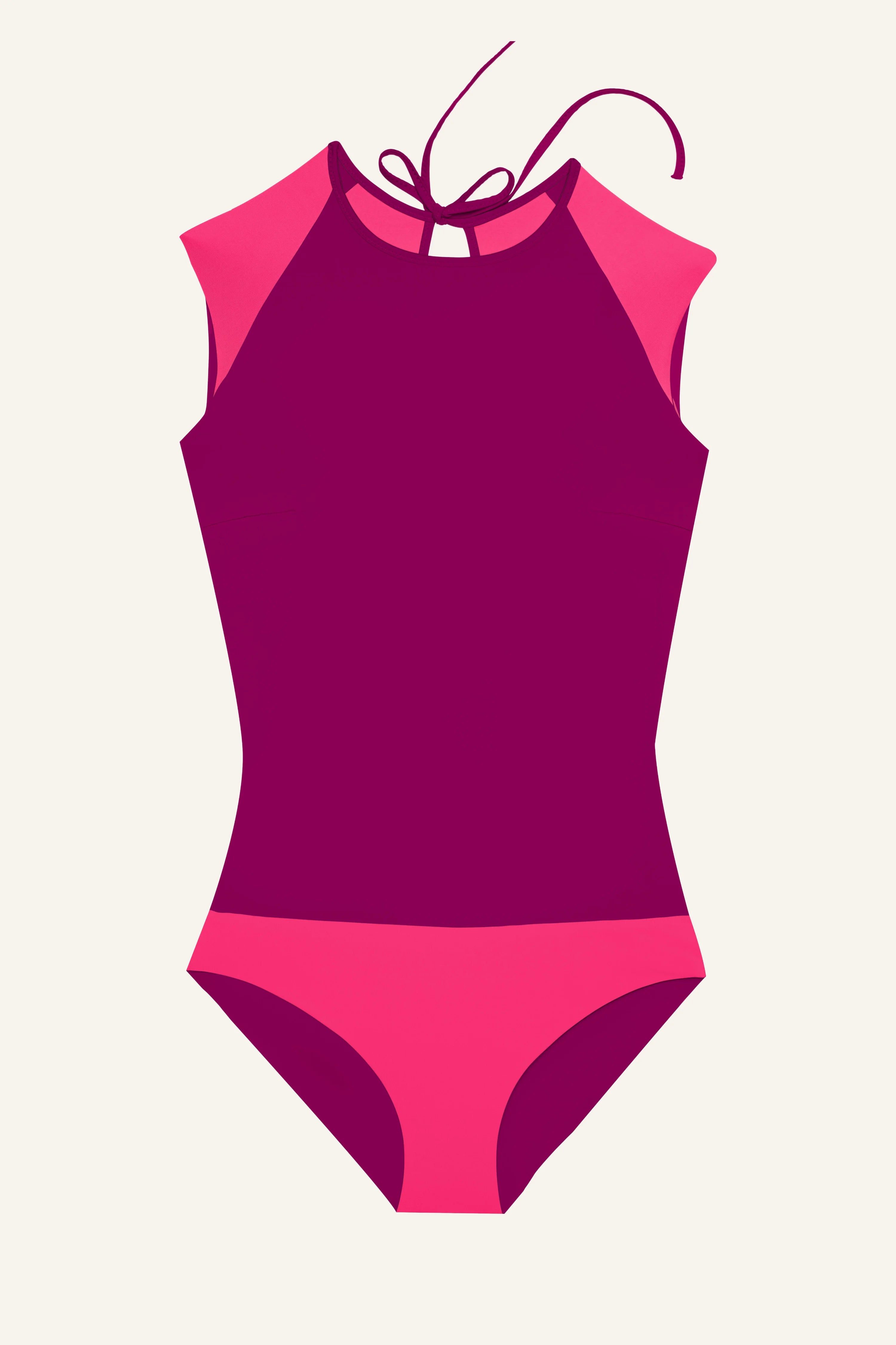 MYMARINI Badeanzug in Pink und Lila, hoch geschlossen mit breiten Trägern und Rückenschnürung.#color_pink-hortensia