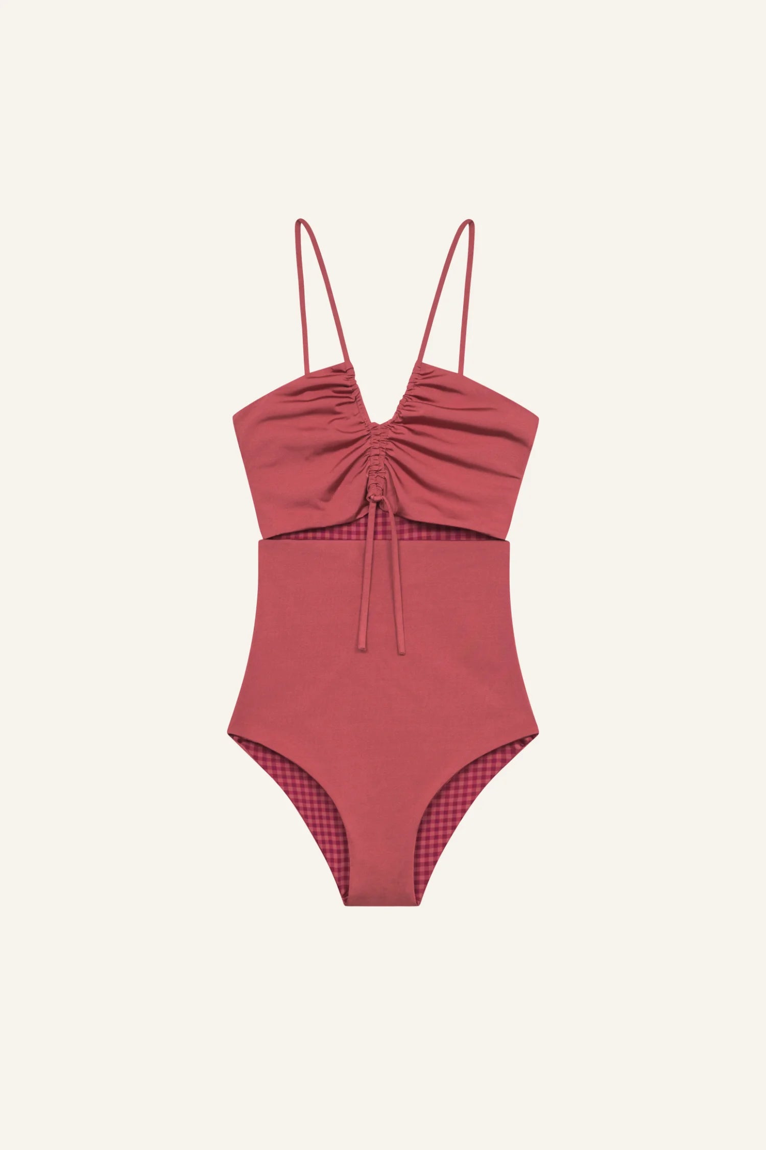 MYMARINI Badeanzug, One-Piece in rotem Ton, Spaghettiträger, zentrale Raffung mit Kordel, hochgeschnittener Beinausschnitt, innen karo-Muster sichtbar.#color_rouge-vichy