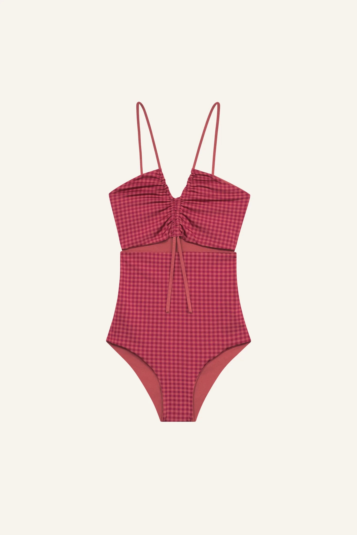 MYMARINI Badeanzug mit rotem Vichy-Karomuster, Spaghettiträger, mittig gerafftes Oberteil, hohe Taille.#color_rouge-vichy