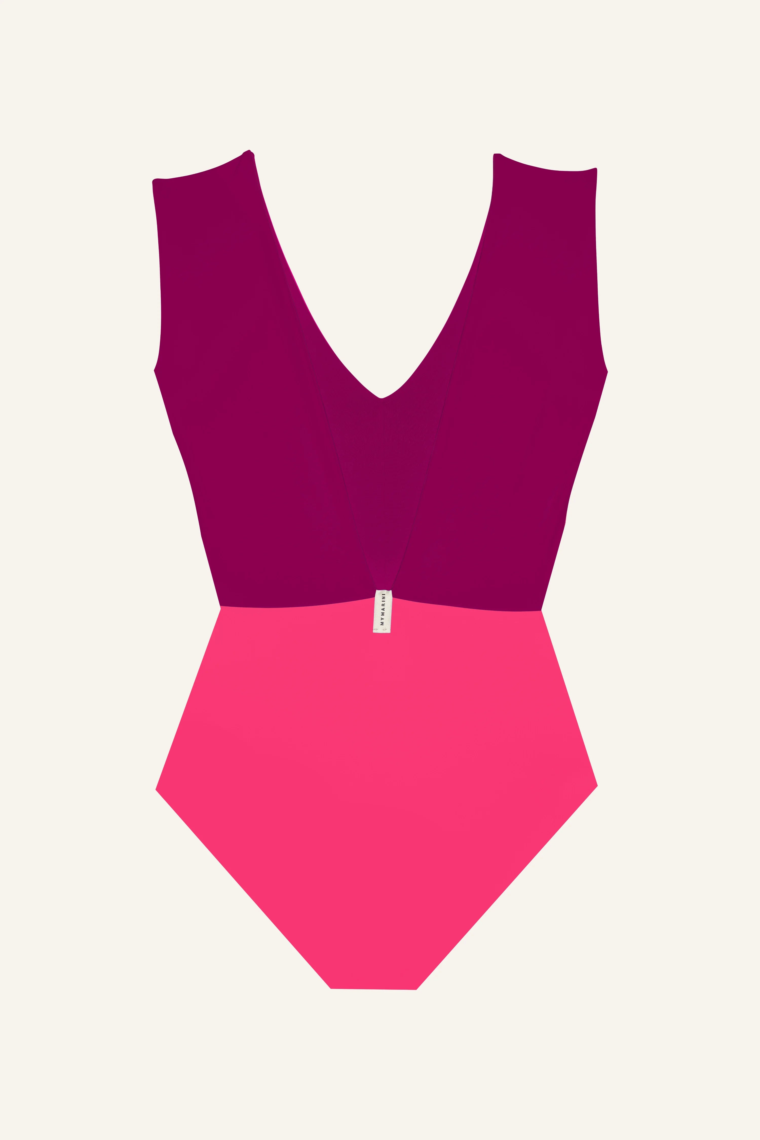 Ärmelloser MYMARINI Badeanzug in Pink und Lila mit V-Ausschnitt und hohem Beinausschnitt.#color_pink-hortensia