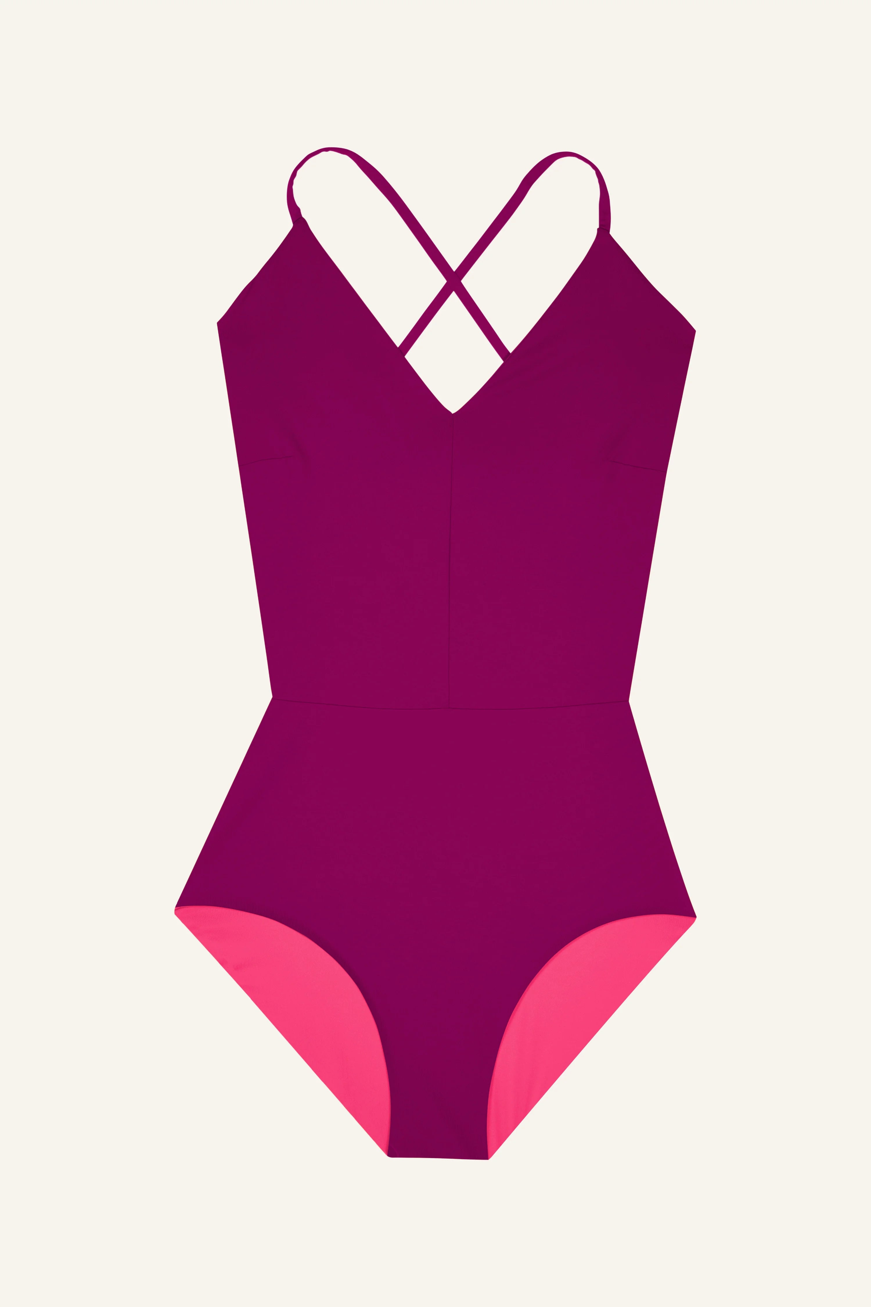 MYMARINI Badeanzug in Lila mit V-Ausschnitt und gekreuzten Trägern.#color_pink-hortensia