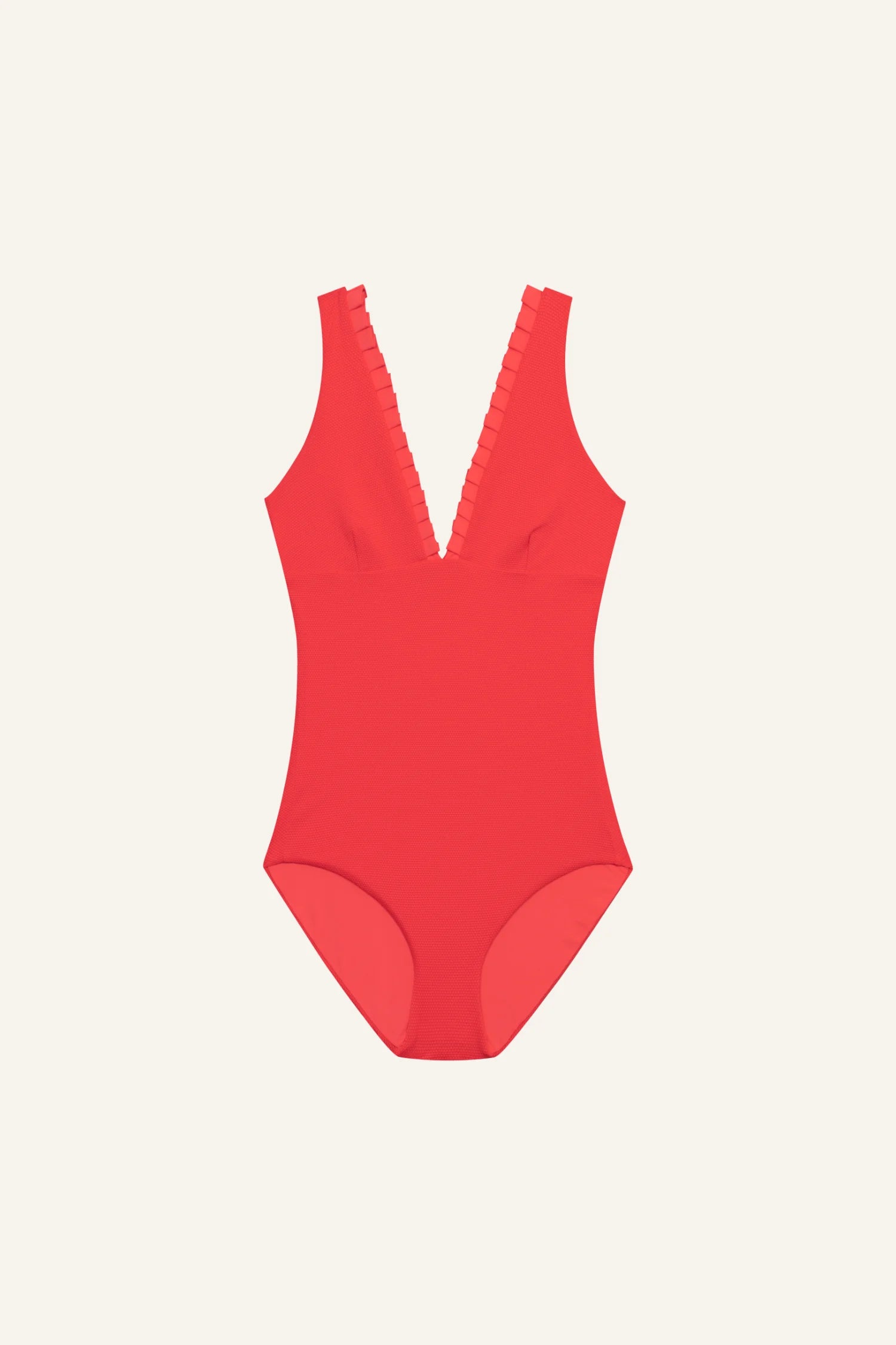 MYMARINI One-Piece Badeanzug in Rot, tiefer V-Ausschnitt, breite Träger mit sichtbarer Kante, Frontansicht.#color_rouge