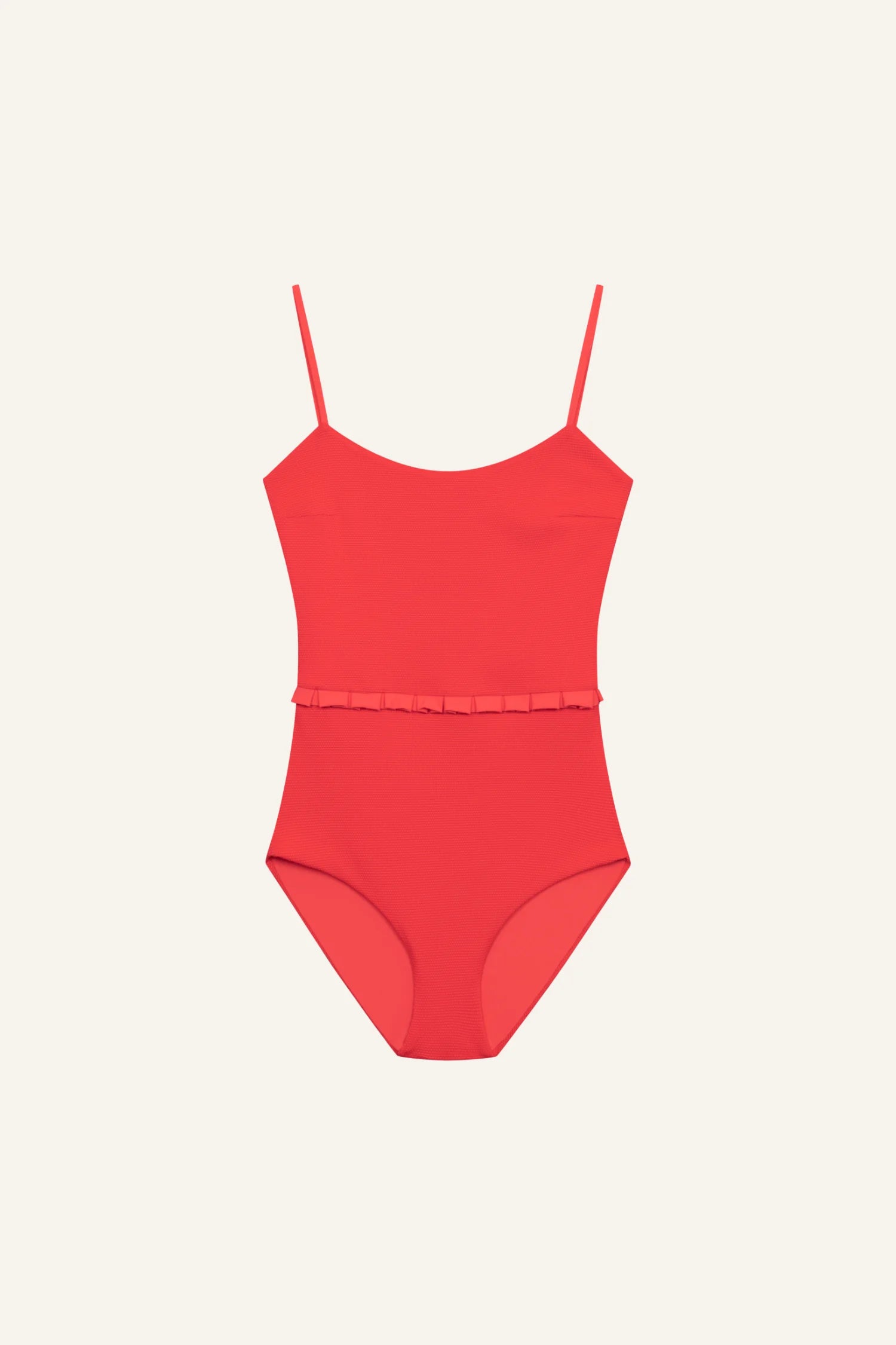 Roter Badeanzug von MYMARINI mit schmalen Trägern und Rüschendetail in der Taille, hochgeschlossen und figurbetont.#color_rouge