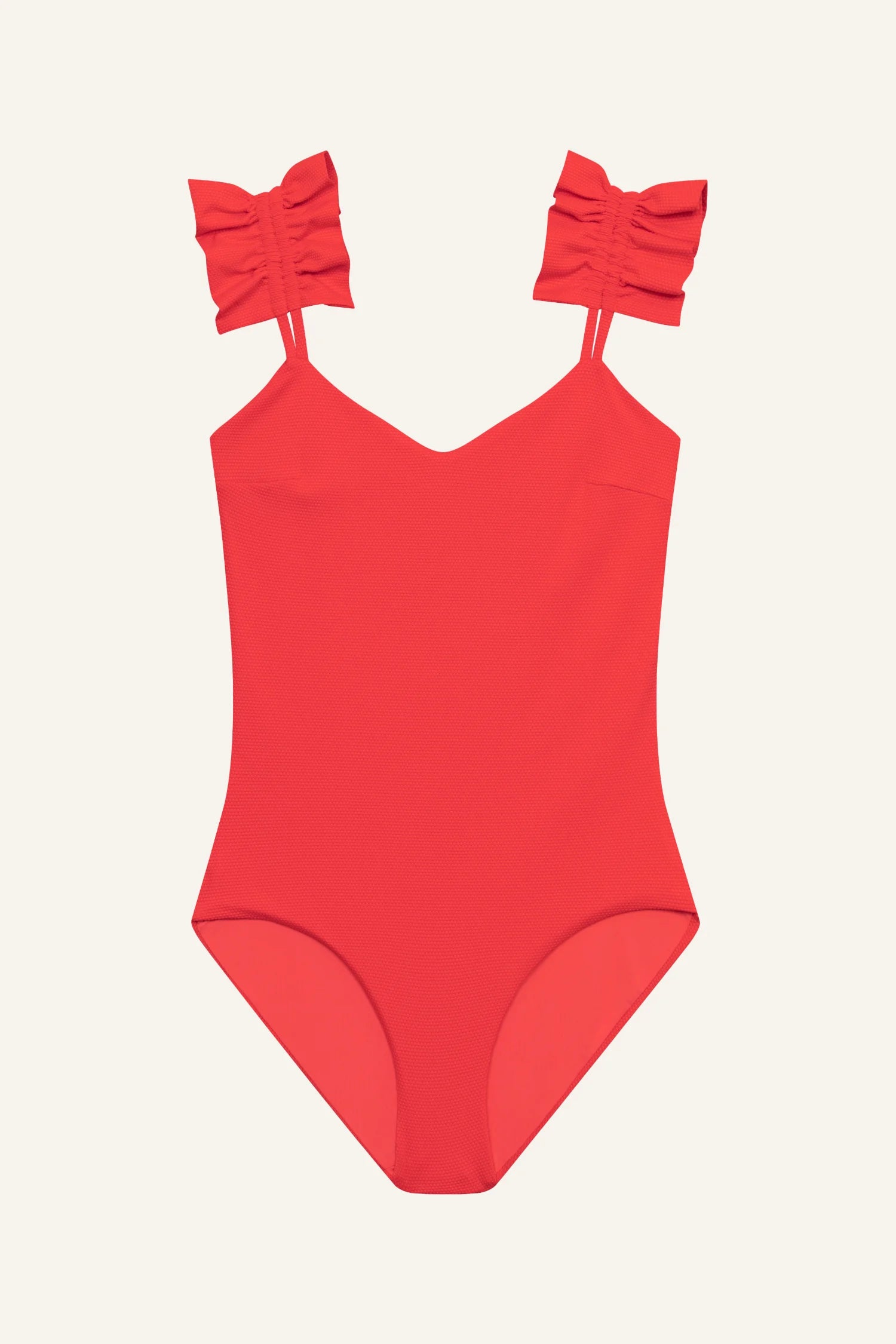 Roter Badeanzug von MYMARINI mit V-Ausschnitt und breiten Trägern, ideal für den Sommer.#color_rouge