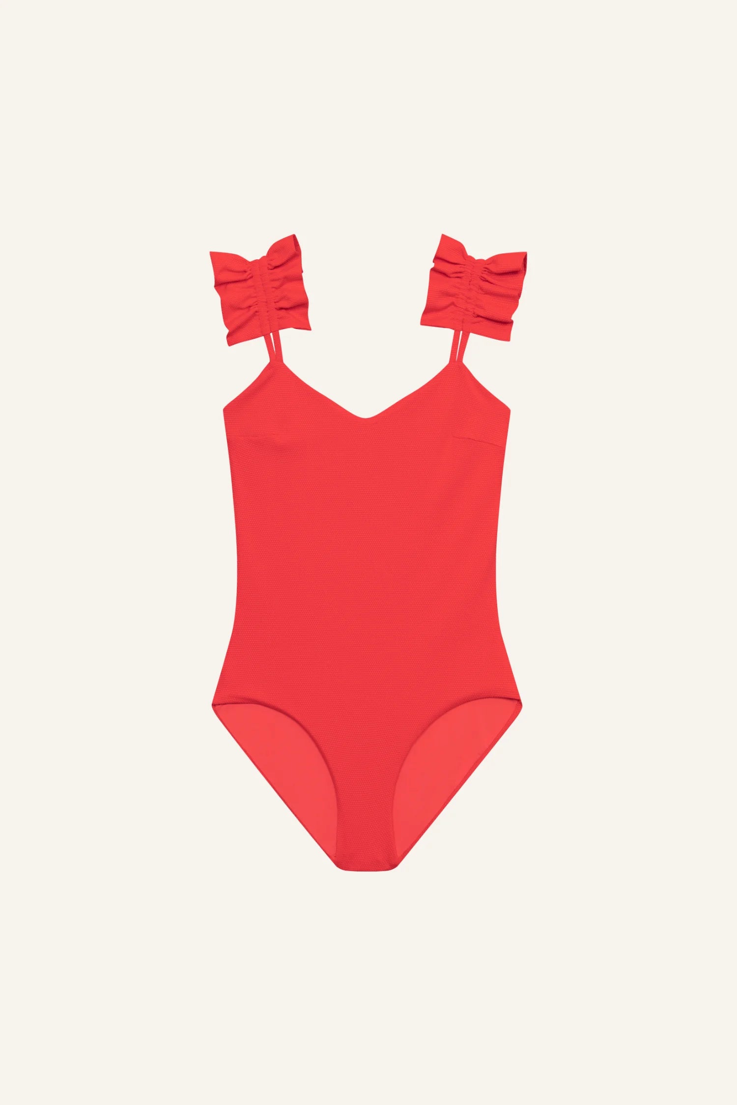 Roter Badeanzug von MYMARINI mit V-Ausschnitt und breiten Trägern, ideal für den Sommer.#color_rouge