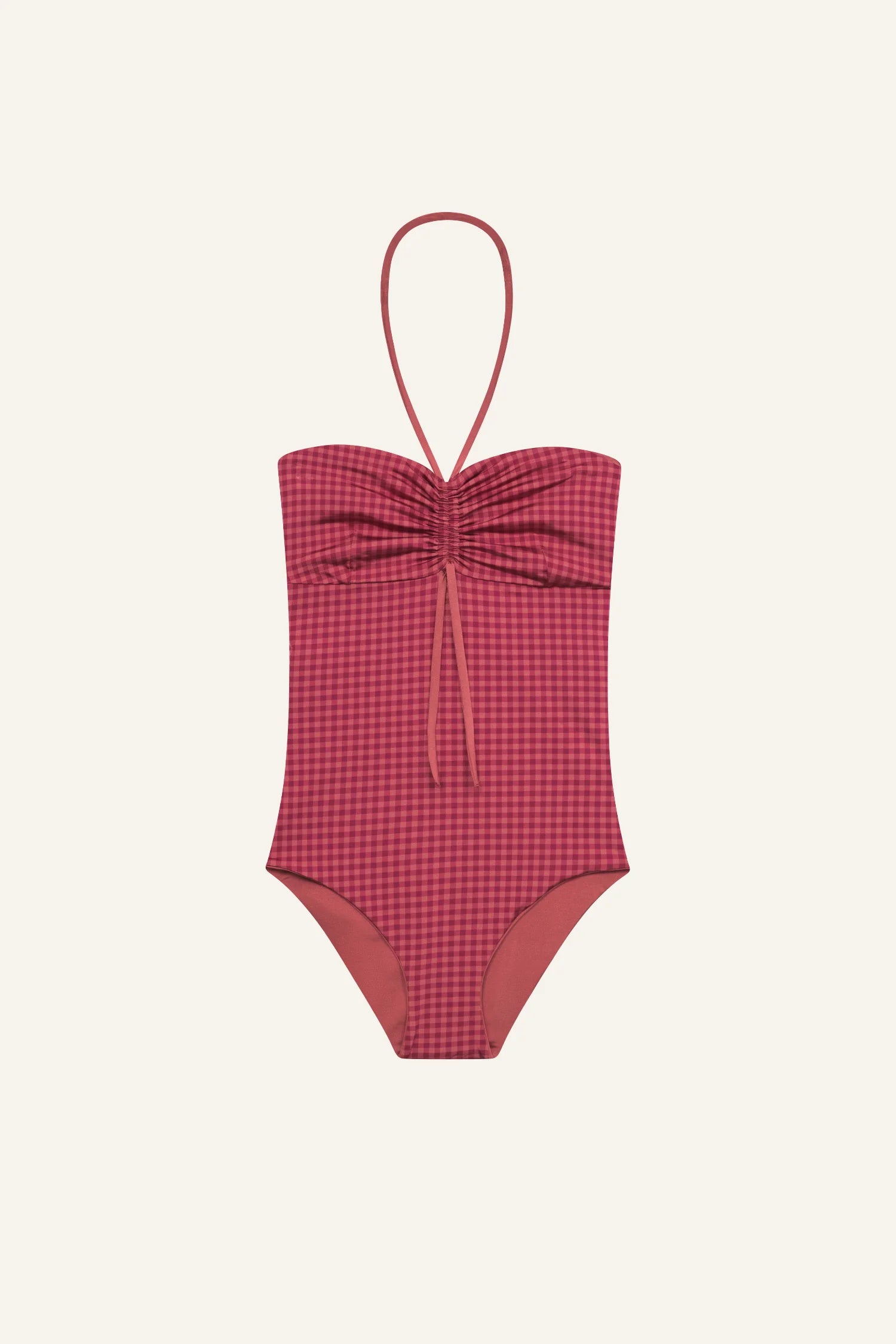 MYMARINI One-Piece Badeanzug, rotes Karomuster, zentraler Zierknoten, Neckholder-Träger – Produktabbildung.#color_rouge-vichy