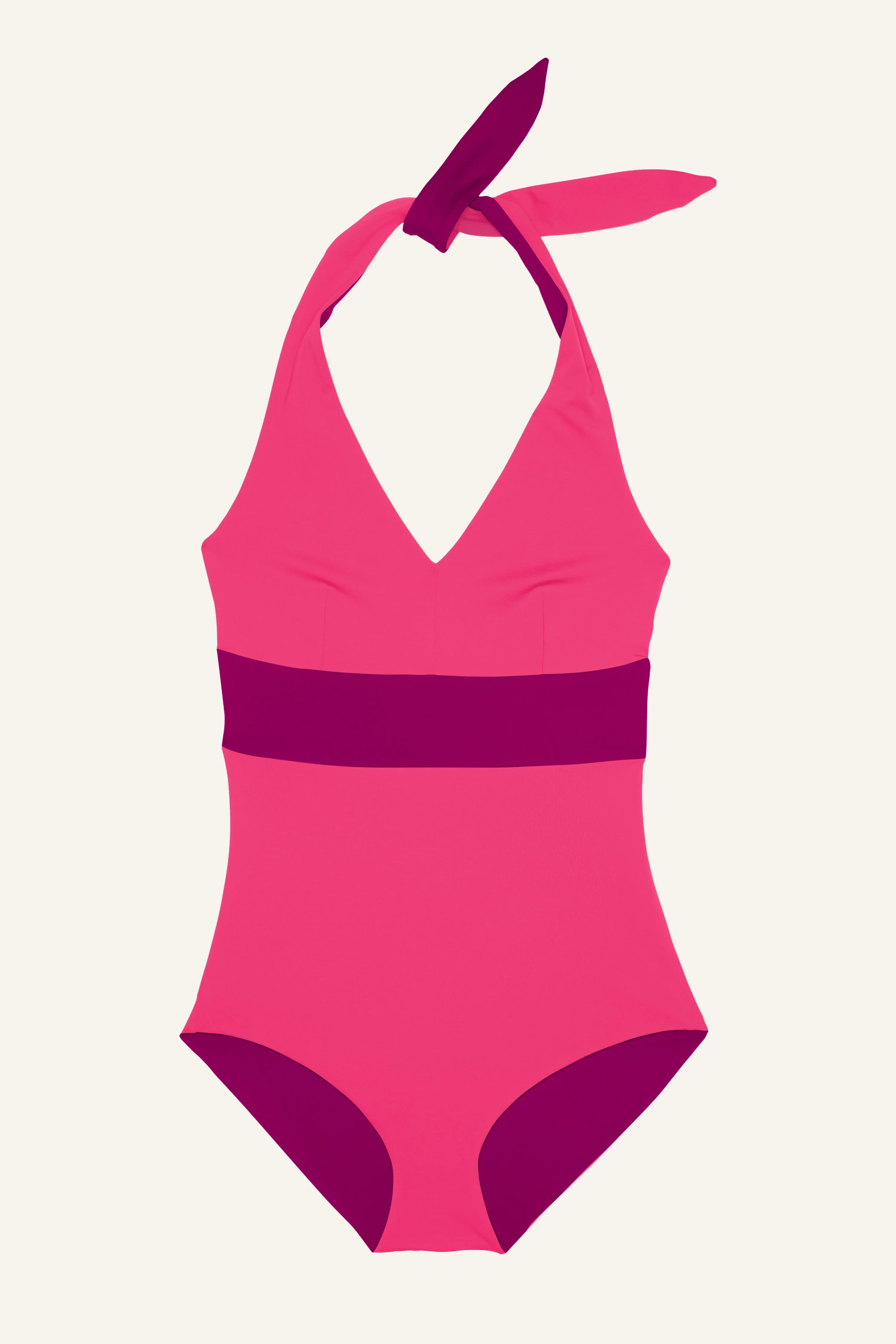 MYMARINI Badeanzug in Pink mit V-Ausschnitt und Neckholder.#color_pink-hortensia