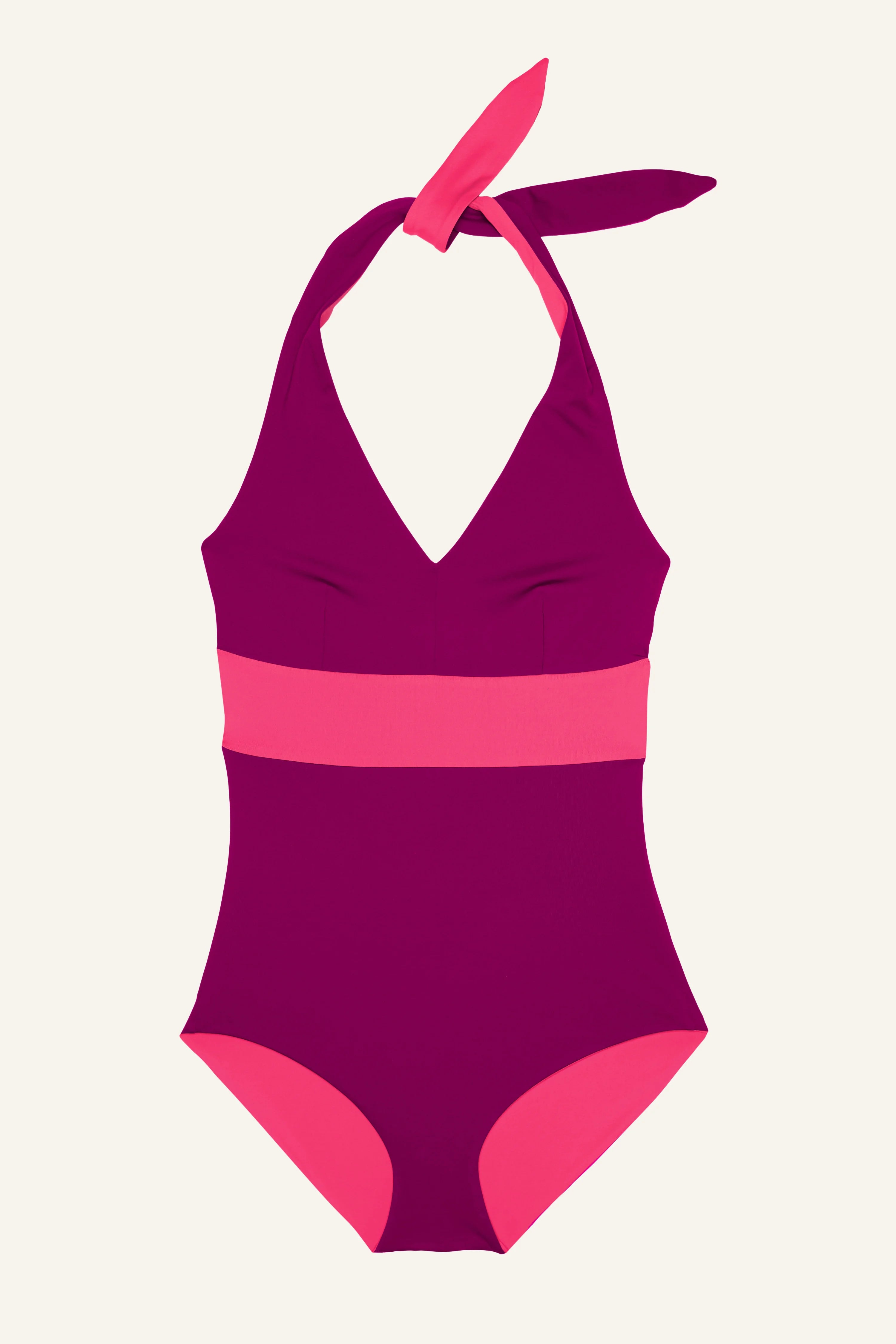 MYMARINI Badeanzug in Pink und Lila mit V-Ausschnitt und Neckholder.#color_pink-hortensia