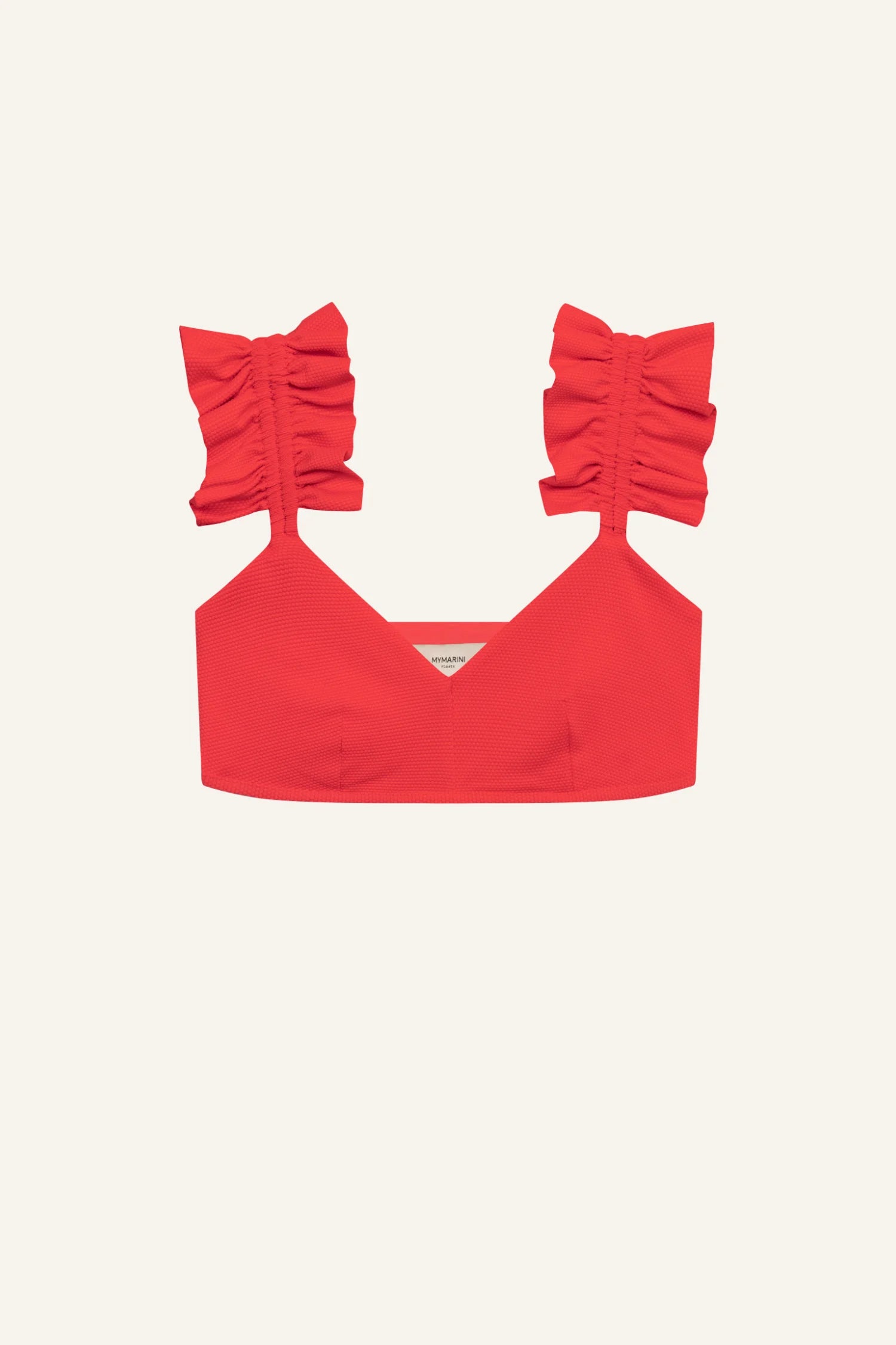 Rotes Bikinitop von MYMARINI mit V-Ausschnitt und Rüschen-Trägern. Ideal für stilvolle Sommermomente.#color_rouge