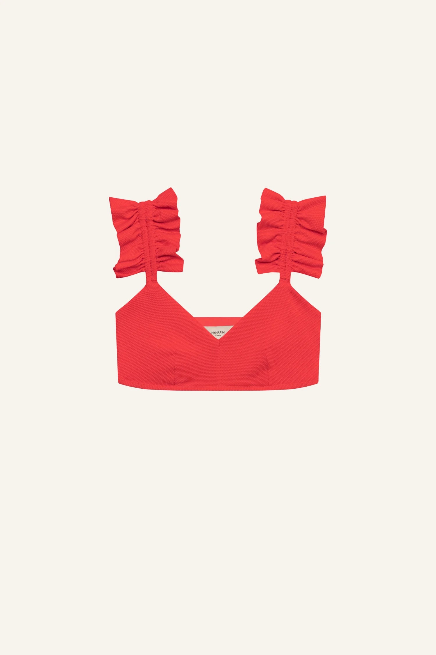 Rotes Bikinitop von MYMARINI mit V-Ausschnitt und Rüschen-Trägern. Ideal für stilvolle Sommermomente.#color_rouge