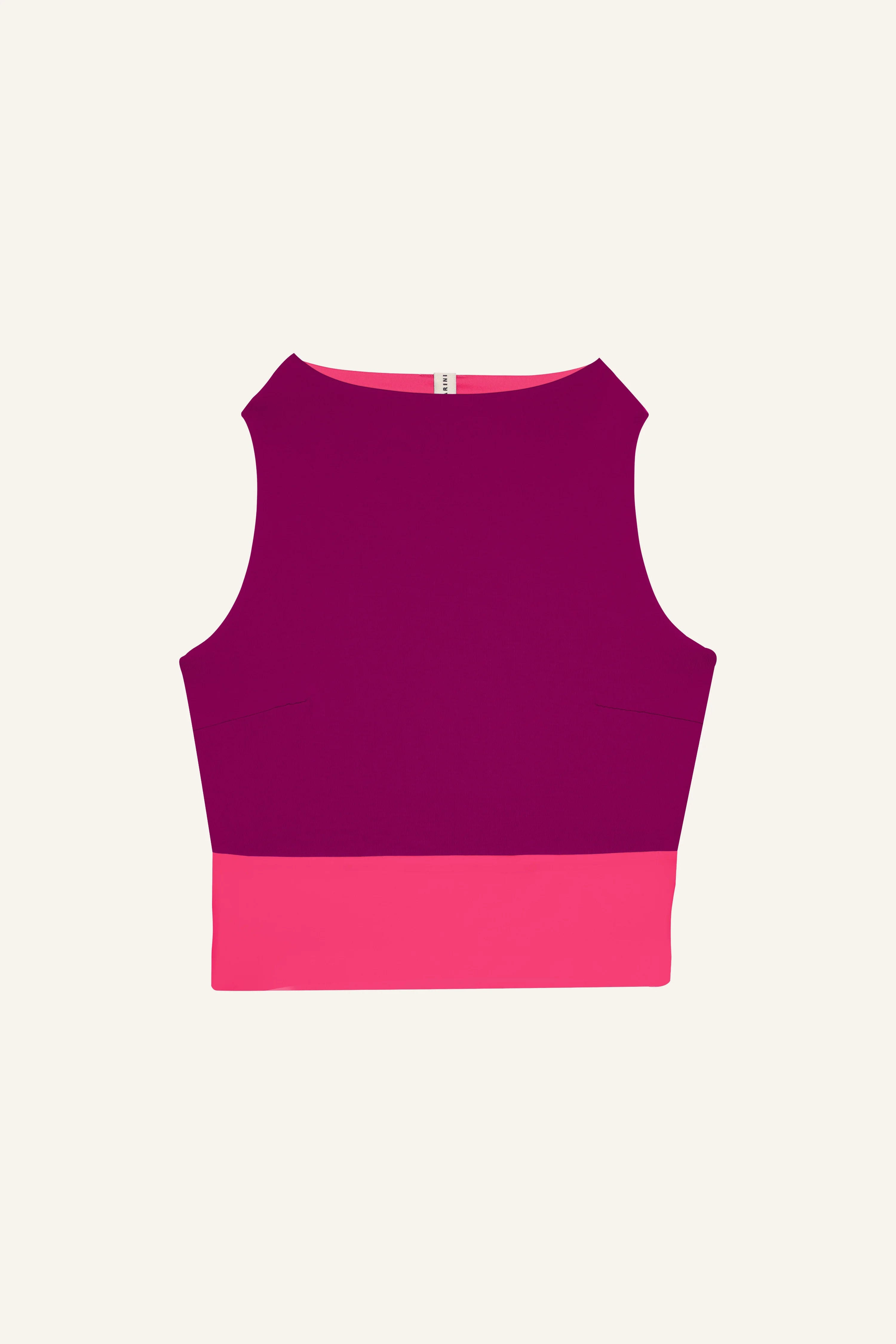 Ärmelloses MYMARINI-Top in Lila mit breiten Trägern und pinkem Saum, hoch geschlossen.#color_pink-hortensia