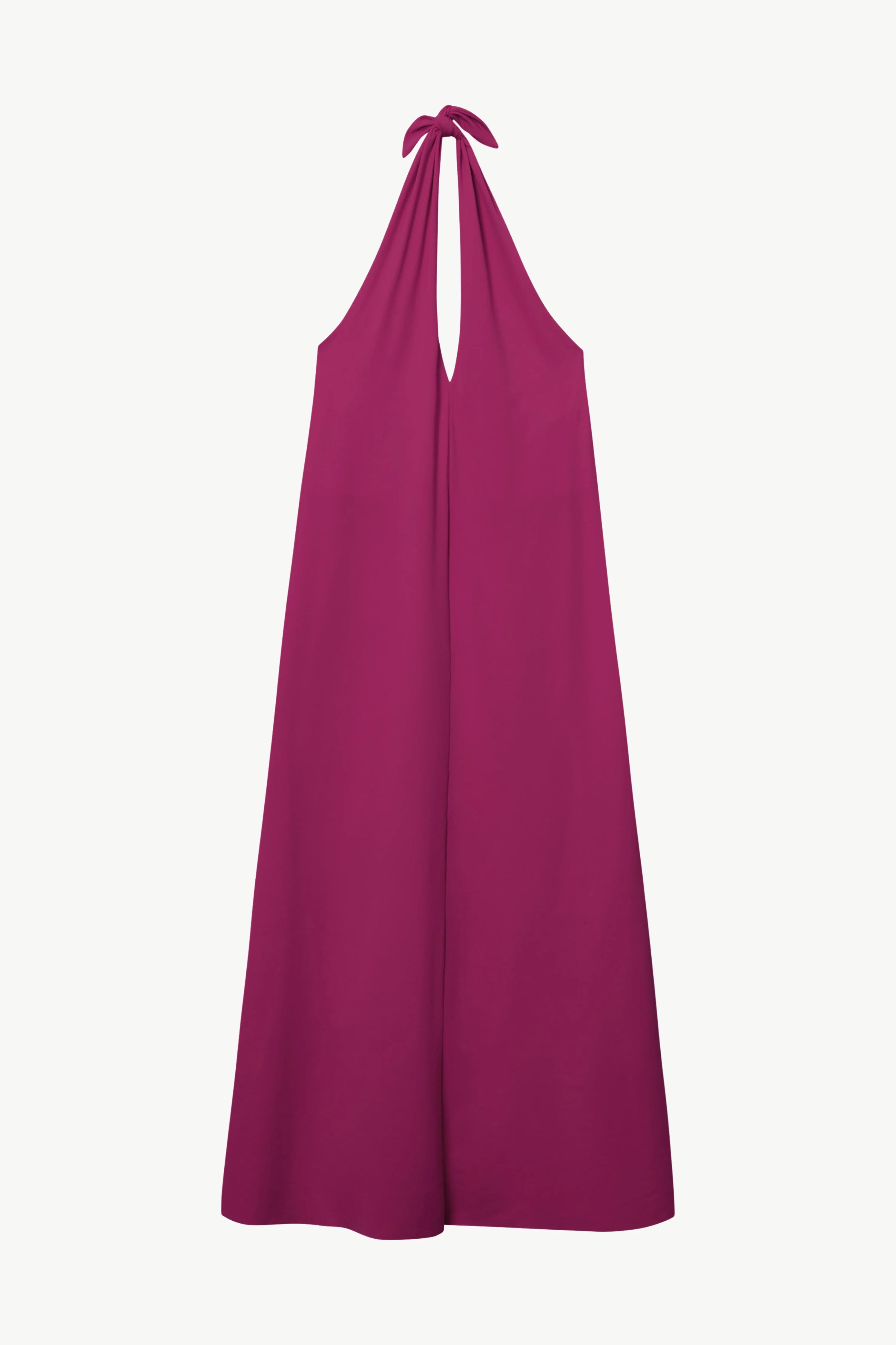 Ärmelloses MYMARINI-Kleid in kräftigem Pink mit Neckholder-Schnitt vor weißem Hintergrund.#color_hortensia