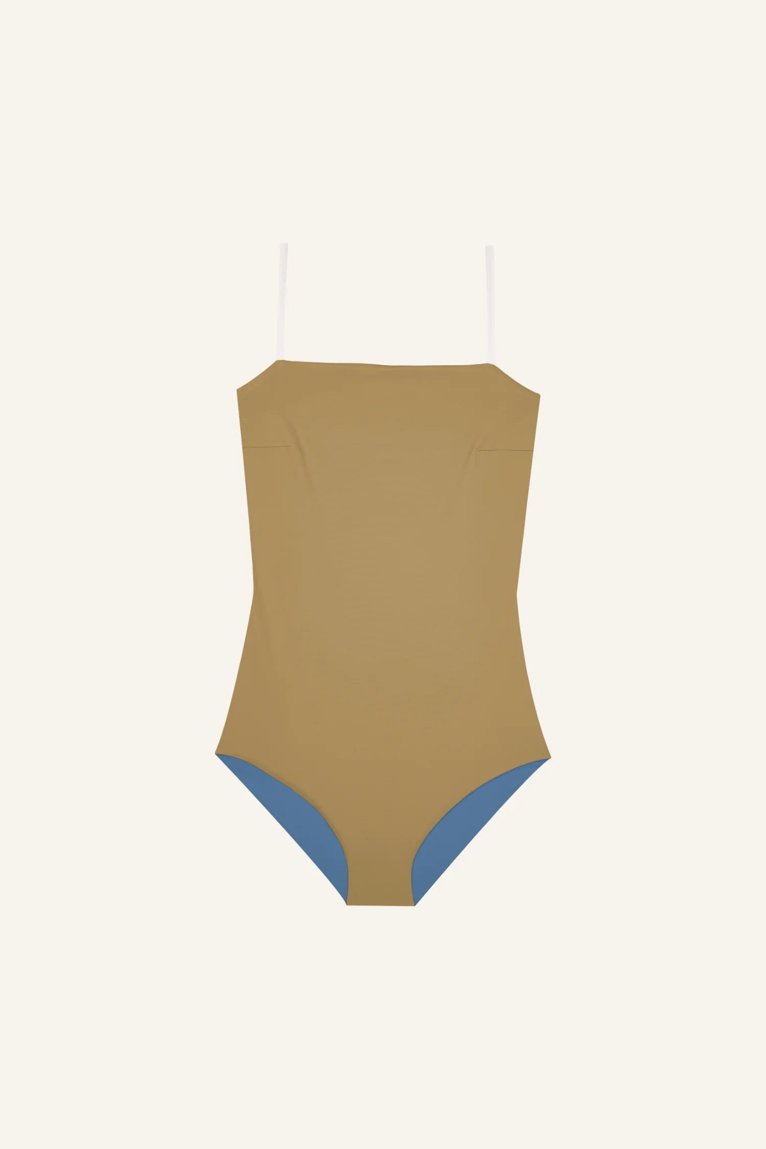 MYMARINI Badeanzug mit Spaghettiträgern, hoch geschlossen, in Beige und Blau auf hellem Hintergrund.#color_coast-desert