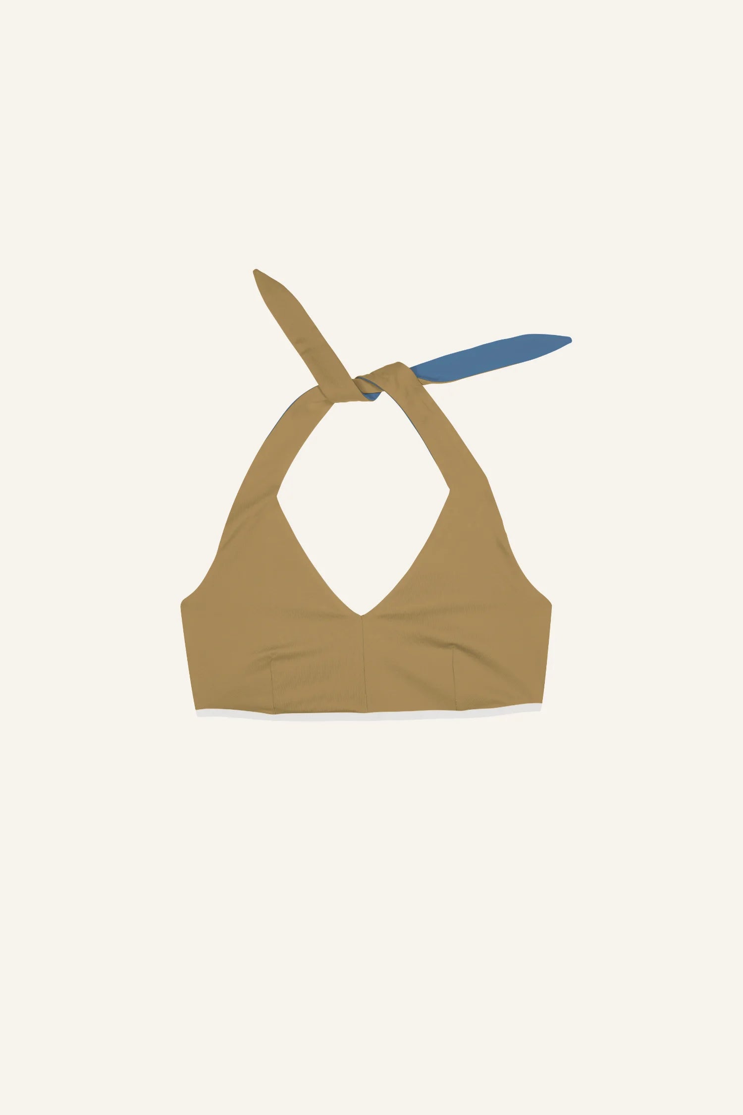 MYMARINI Bikinitop in Beige mit V-Ausschnitt und Neckholder-Design, vor hellem Hintergrund.#color_coast-desert