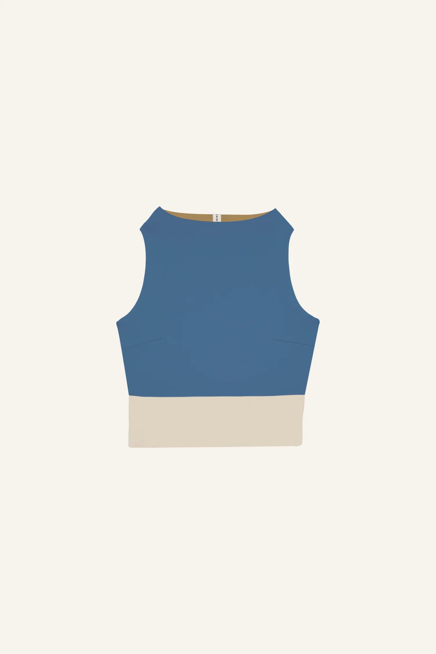 Ärmelloses MYMARINI-Top in Blau mit Rundhalsausschnitt und beigem Saum.#color_coast-desert
