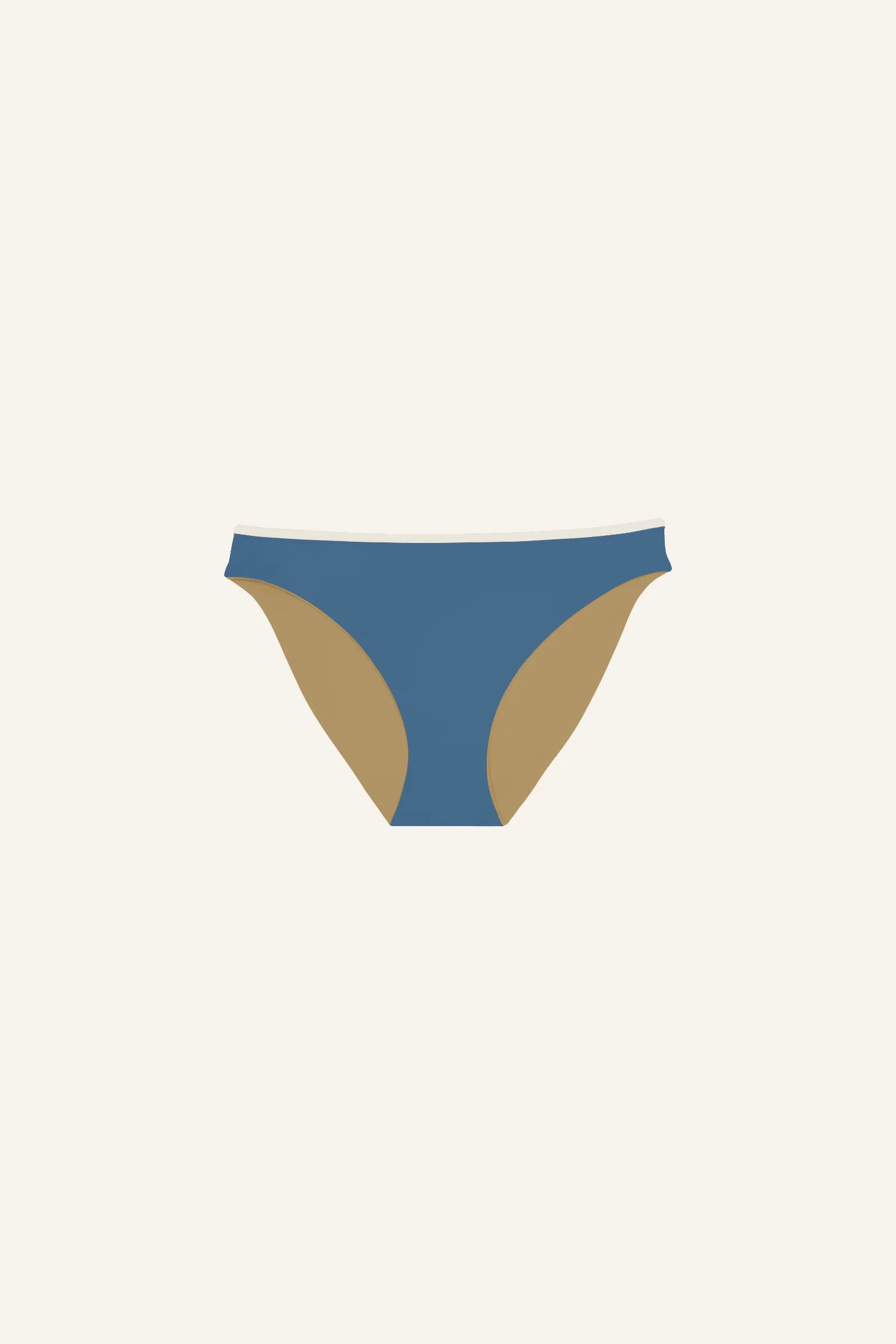 MYMARINI Bikinihose in Blau und Beige, Mid rise Schnitt, auf hellem Hintergrund.#color_coast-desert