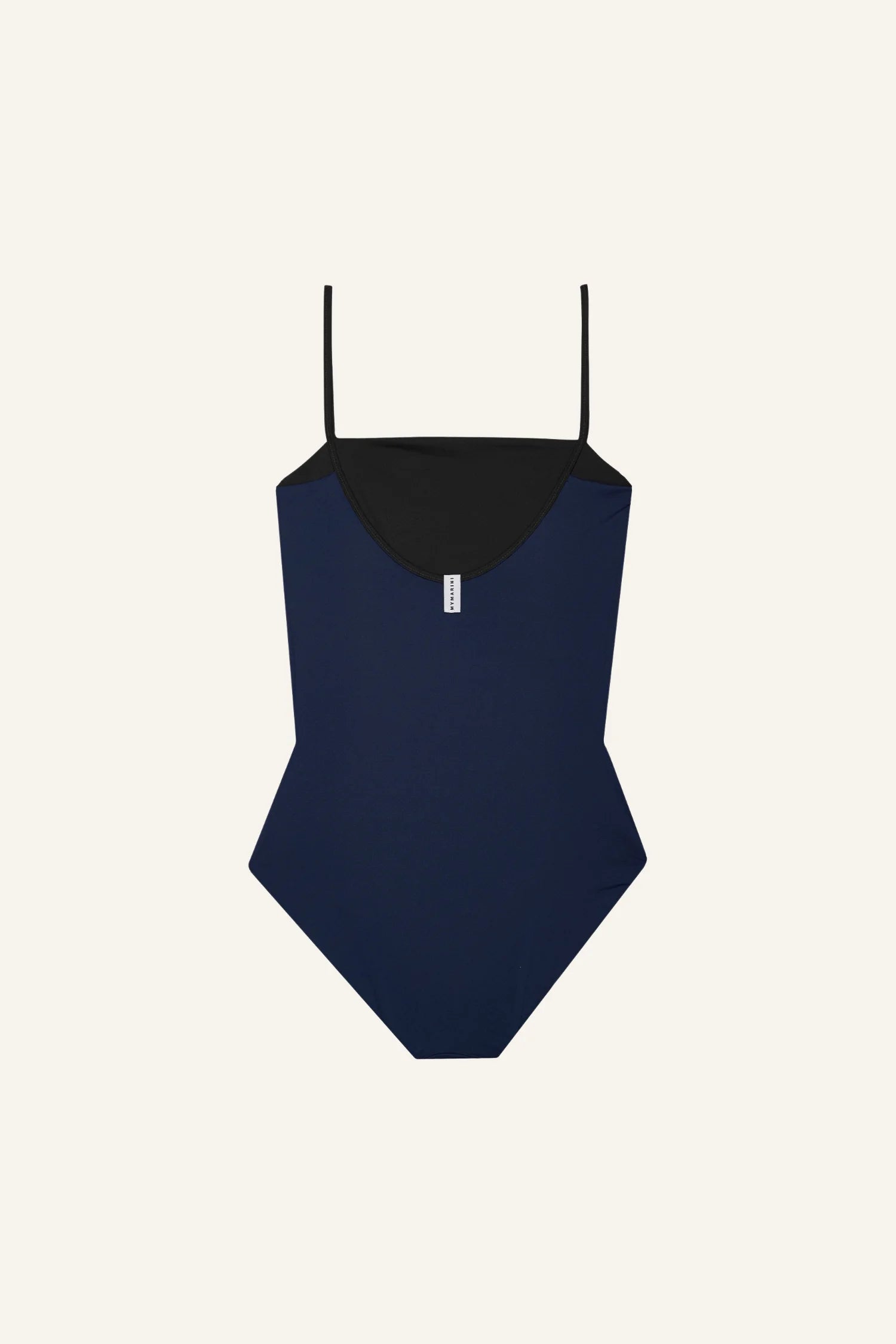 Dunkelblauer MYMARINI Badeanzug mit Spaghettiträgern und tiefem Rückenausschnitt auf hellem Hintergrund.#color_black-navy