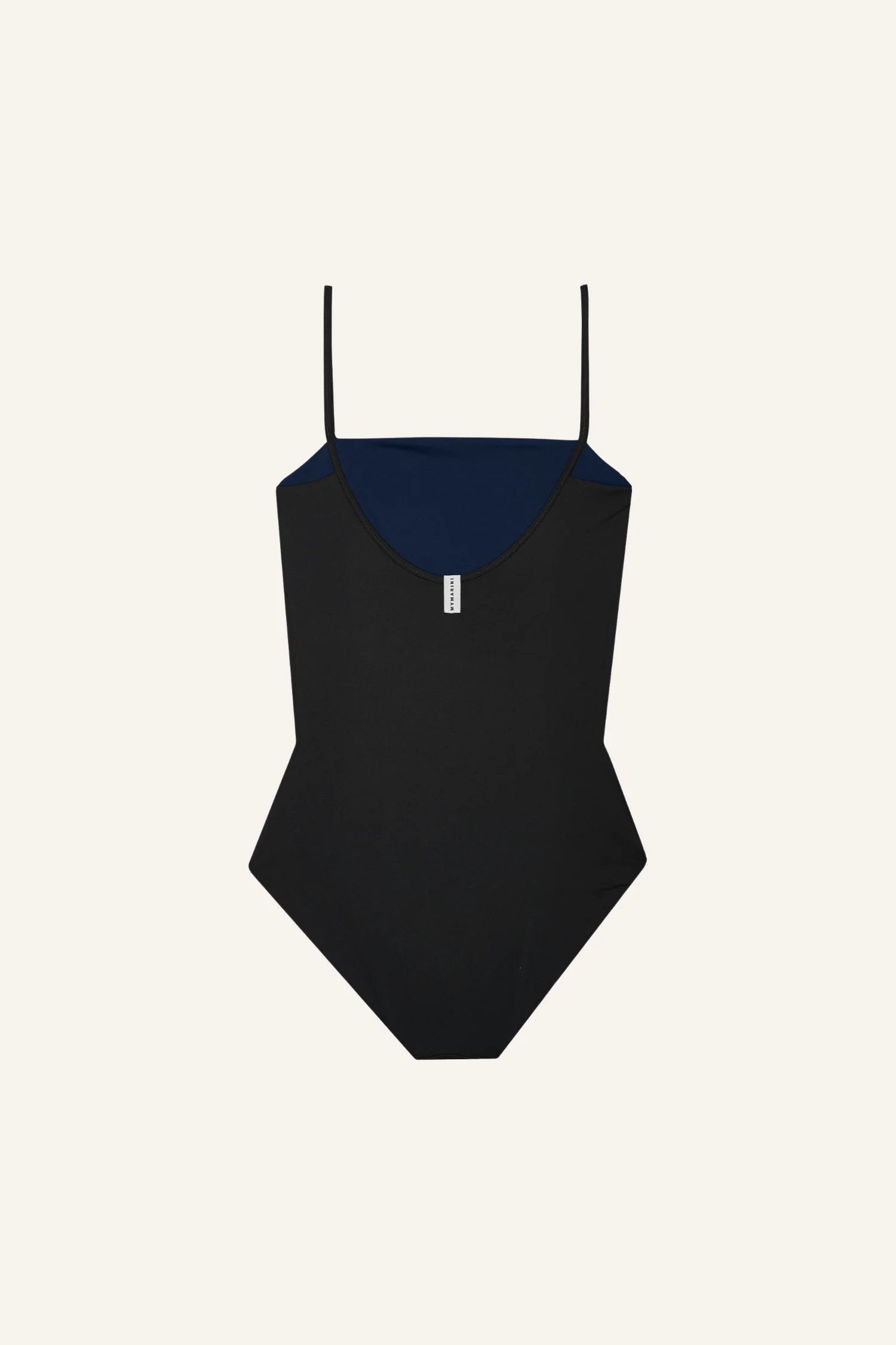 MYMARINI Badeanzug mit Spaghettiträgern in Schwarz, hoch geschlossen, auf hellem Hintergrund.#color_black-navy