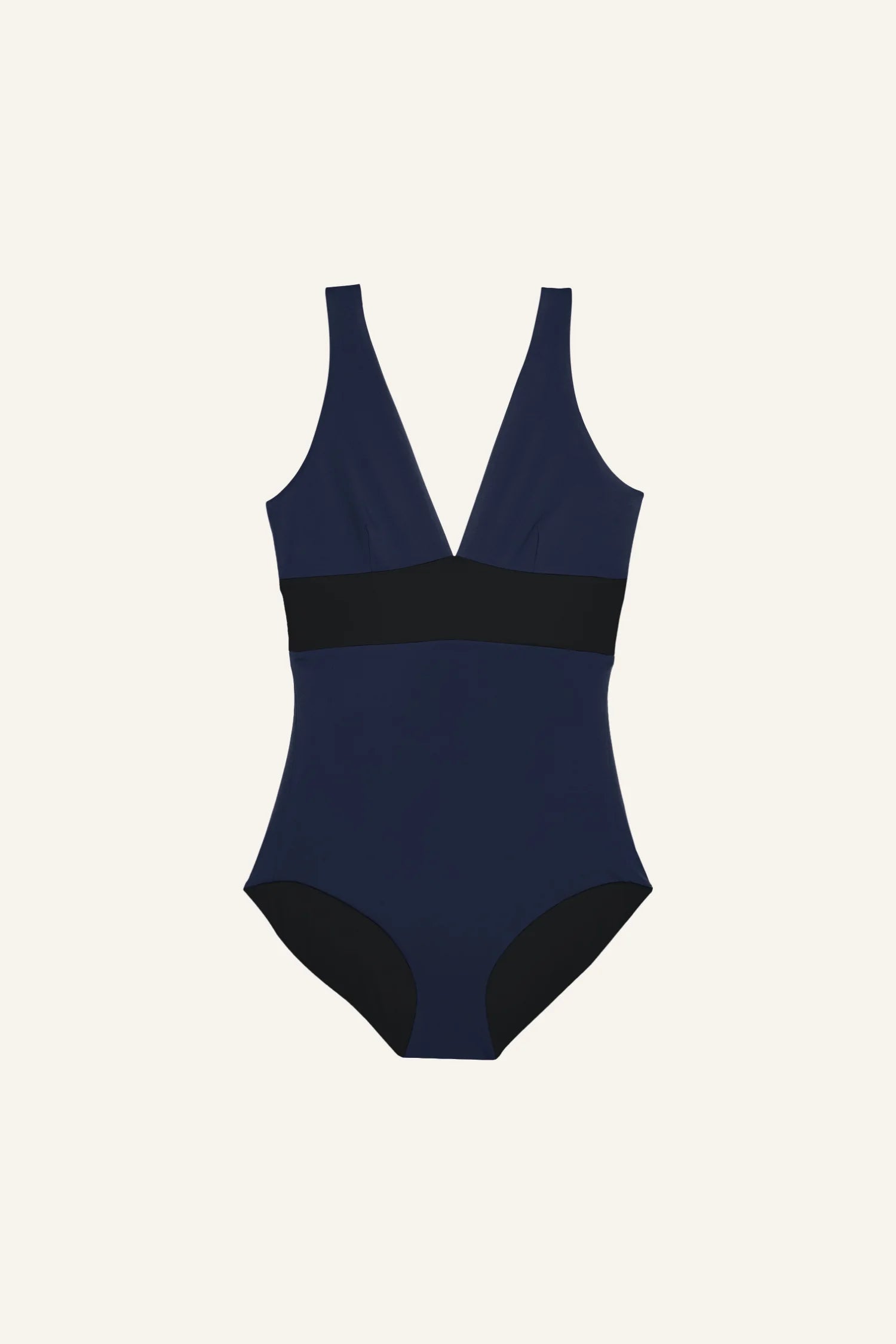 Dunkelblauer MYMARINI Badeanzug mit V-Ausschnitt und breiten Trägern auf hellem Hintergrund.#color_black-navy