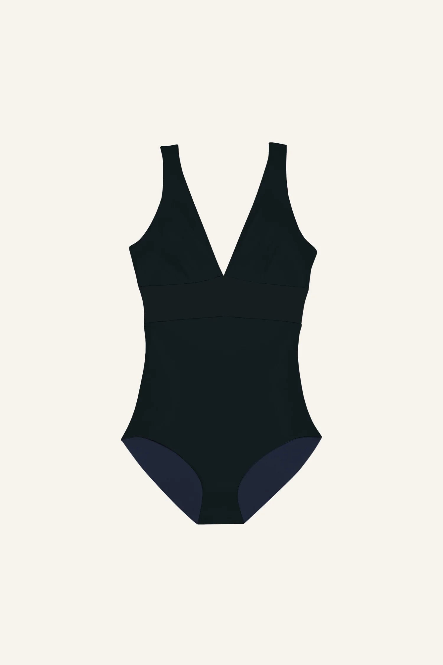 MYMARINI Badeanzug mit V-Ausschnitt und breiten Trägern in Schwarz, hoher Beinausschnitt.#color_black-navy