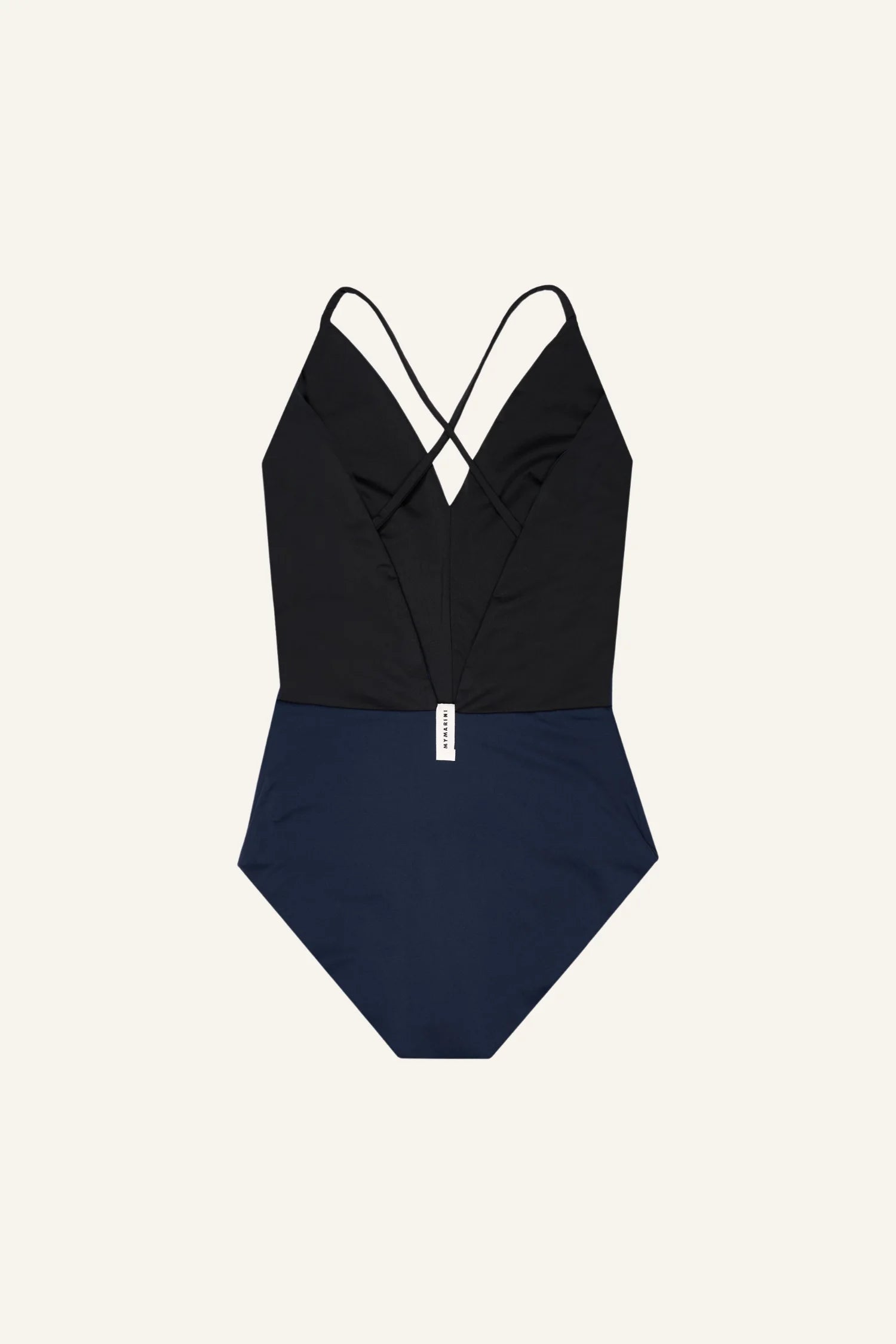 MYMARINI One-Piece Badeanzug in Schwarz und Blau mit V-Ausschnitt und Cross-Top-Trägern.#color_black-navy