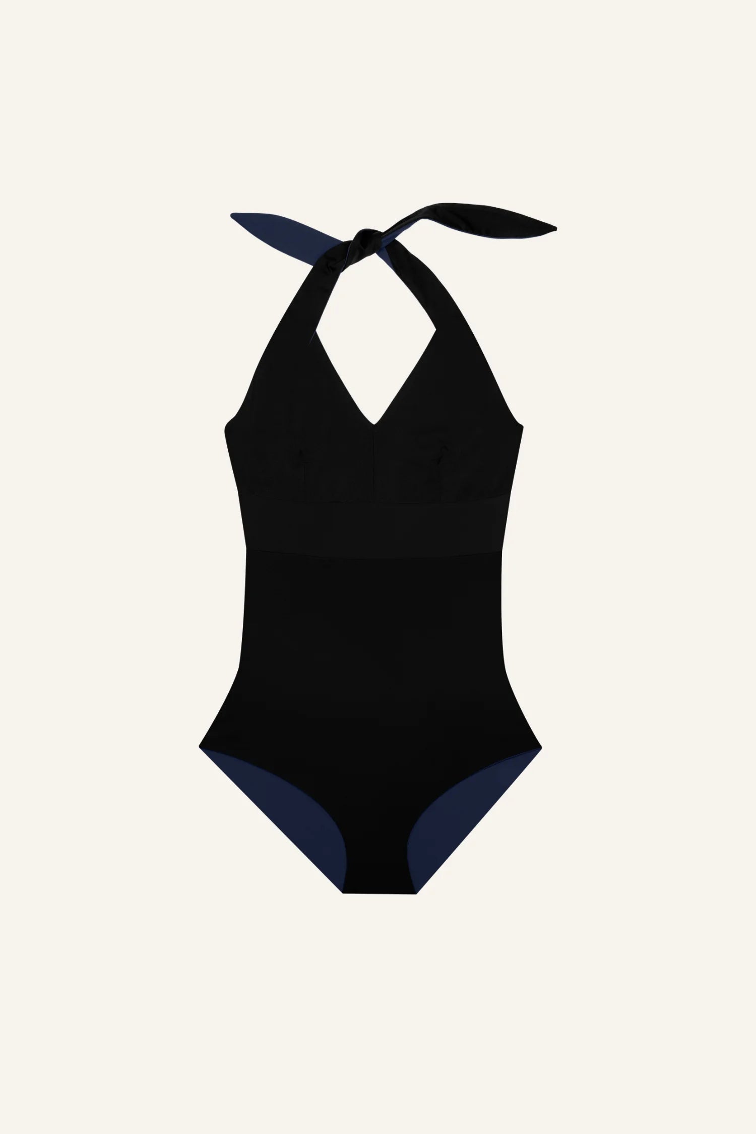 MYMARINI Badeanzug mit Neckholder und V-Ausschnitt in Schwarz, hoher Beinausschnitt.#color_black-navy