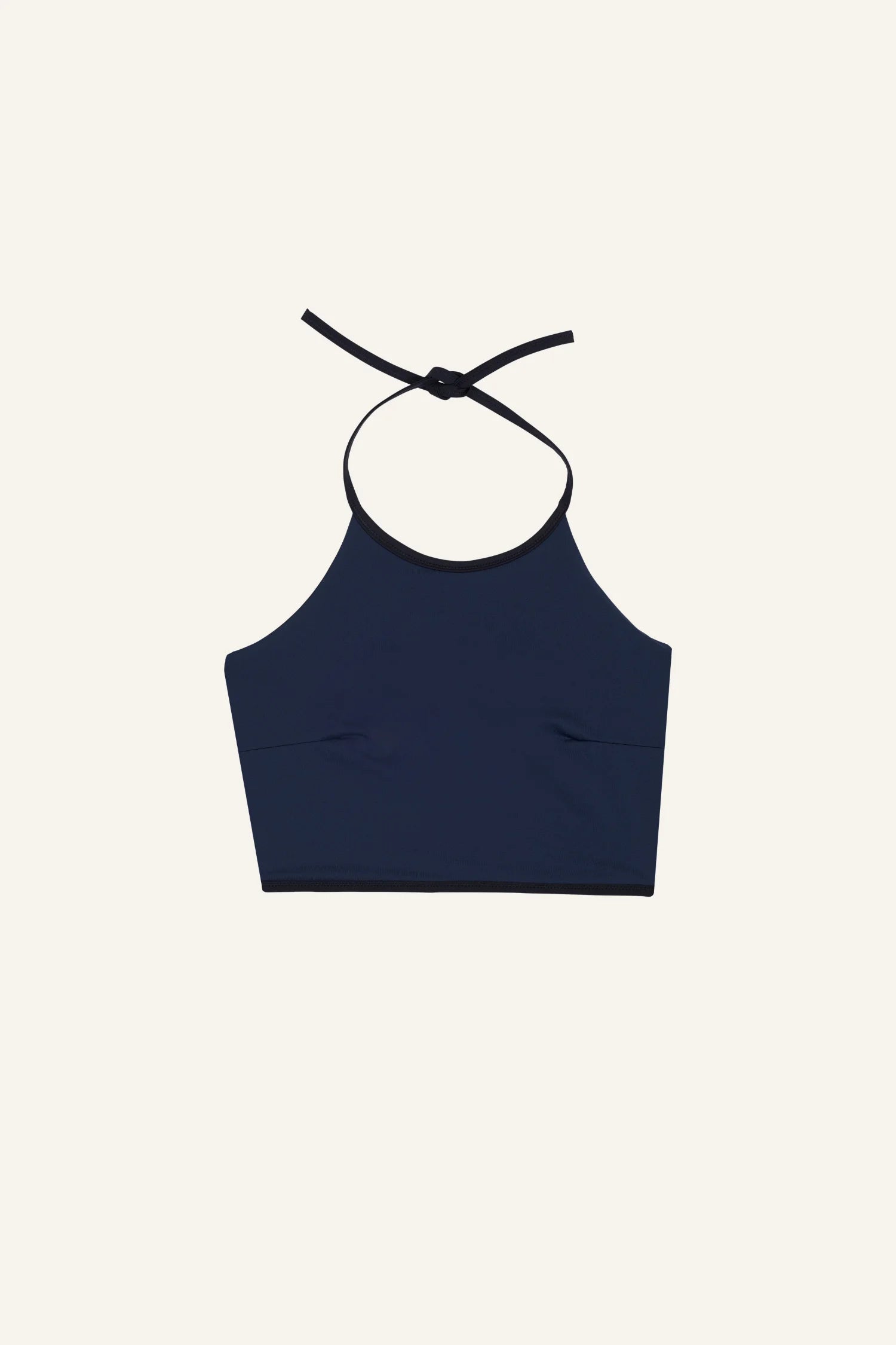 MYMARINI Bikinitop in Dunkelblau, hoch geschlossen mit Neckholder-Trägern, vor hellem Hintergrund.#color_black-navy