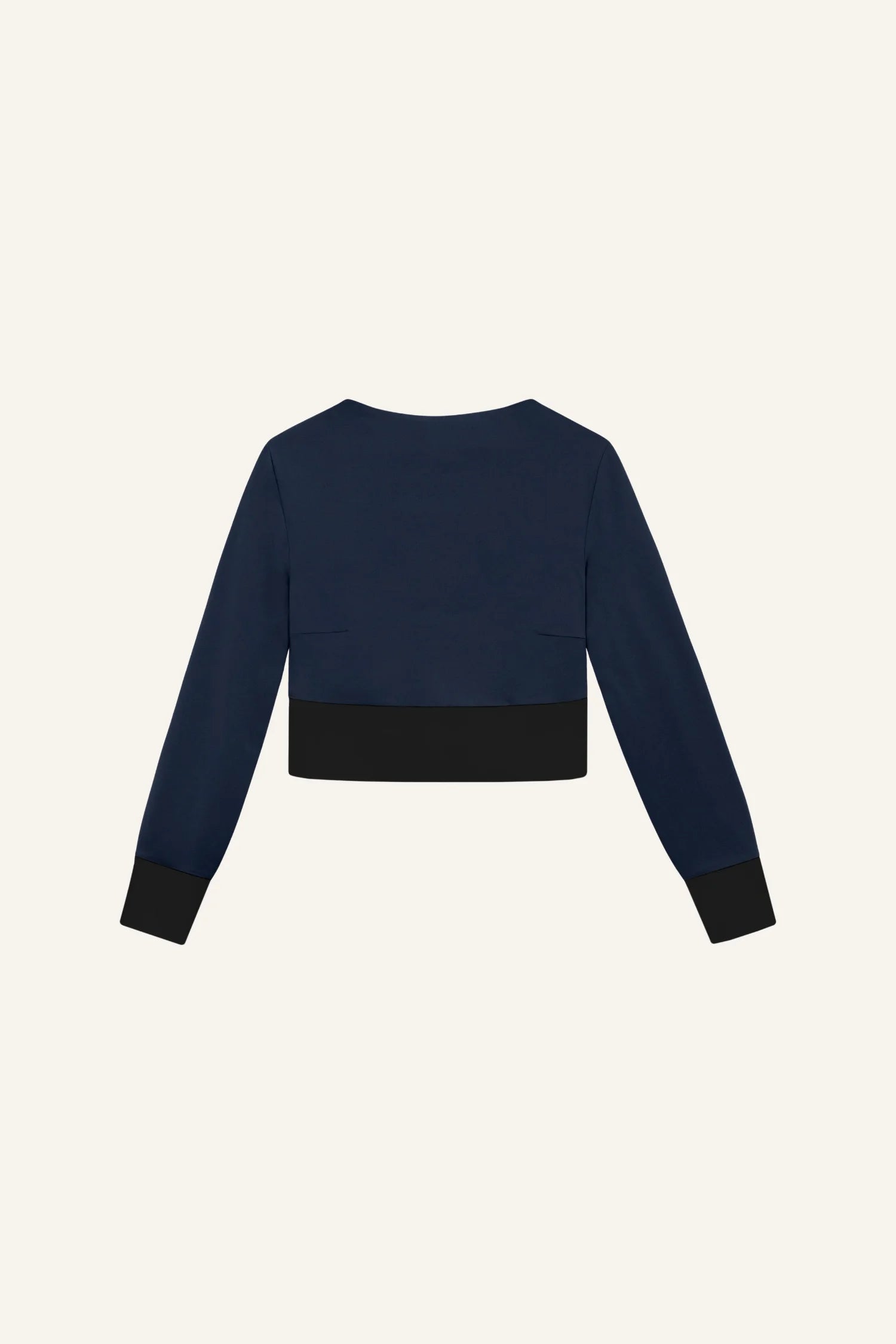 Dunkelblaues MYMARINI-Top mit langen Ärmeln und schwarzem Bund, Rückansicht.#color_black-navy