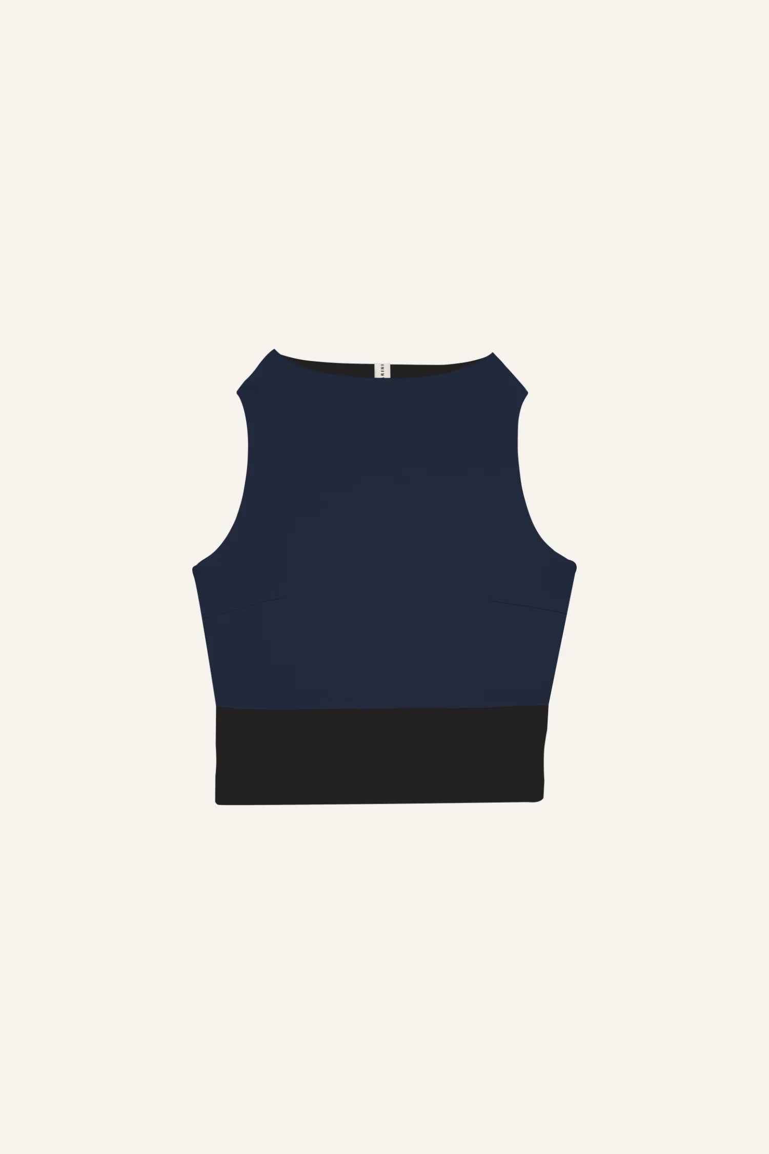 Ärmelloses MYMARINI-Top in Dunkelblau mit hohem Ausschnitt und breitem schwarzen Bund.#color_black-navy