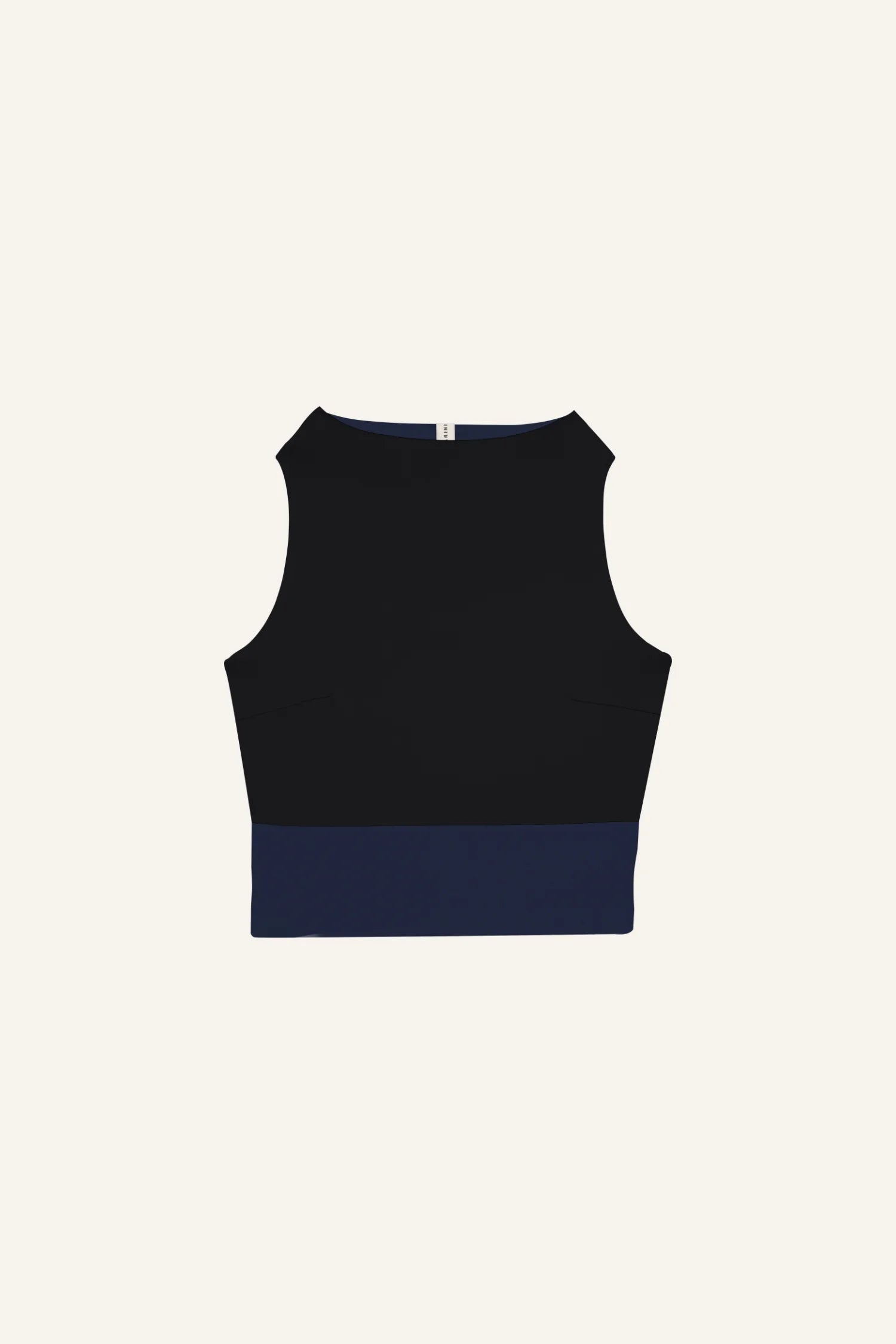 Ärmelloses MYMARINI-Top in Schwarz mit hohem Ausschnitt und dunkelblauem Saum.#color_black-navy