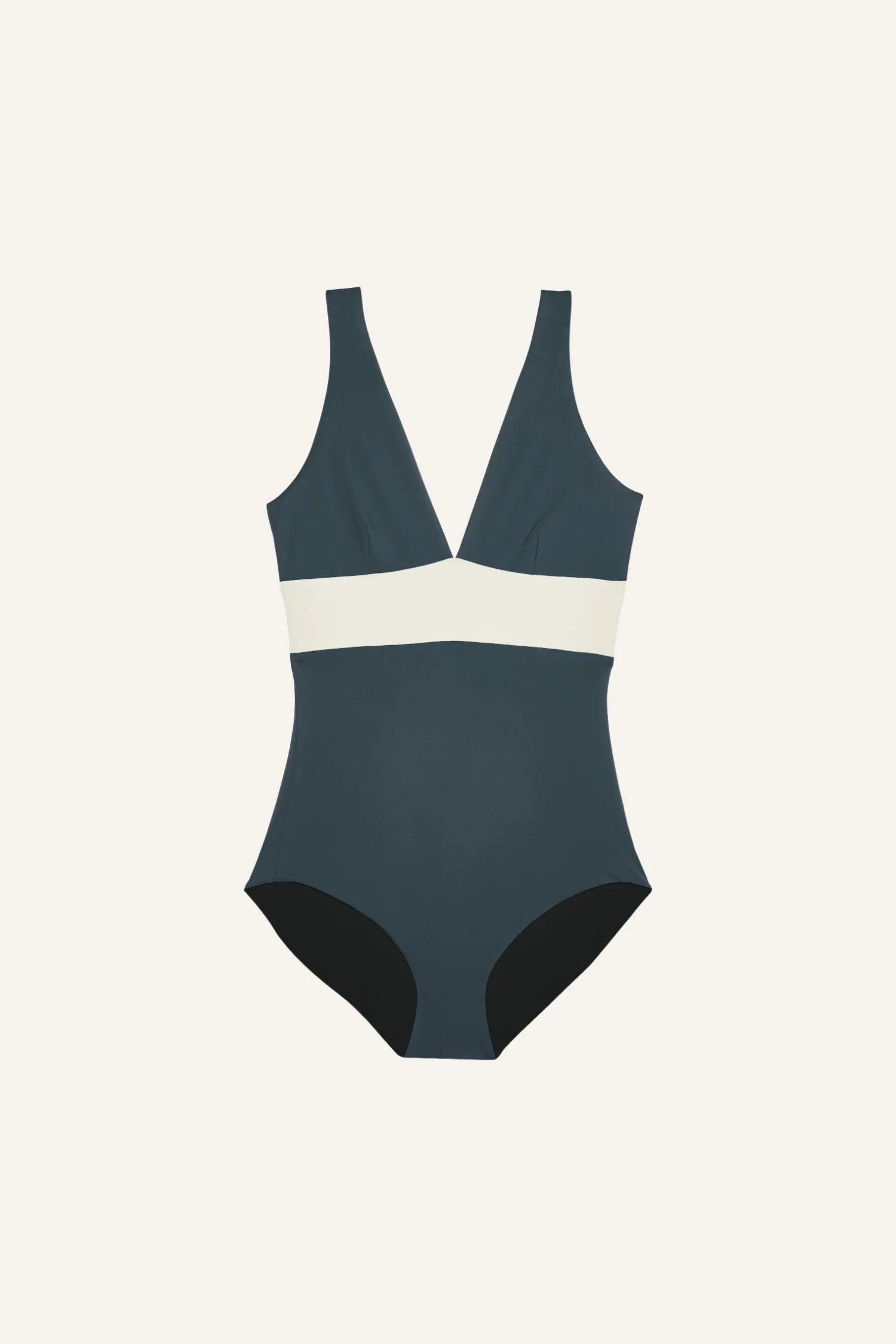 MYMARINI Badeanzug mit V-Ausschnitt und breiten Trägern in Dunkelblau und Weiß.#color_black-grey-white