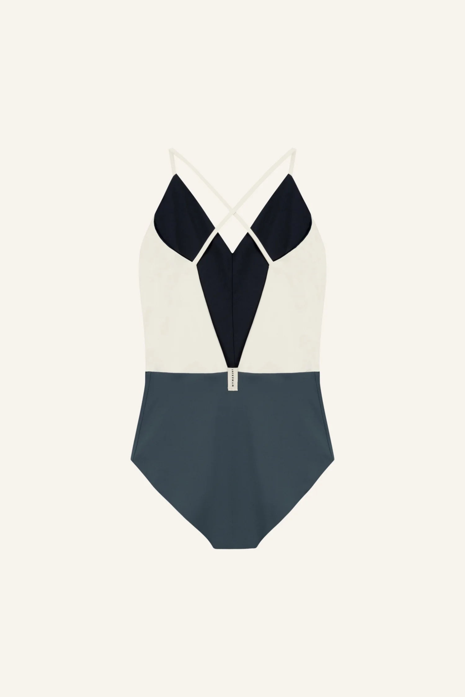 MYMARINI One-Piece mit V-Ausschnitt und Spaghettiträgern in Weiß, Dunkelblau und Grau.#color_black-grey-white