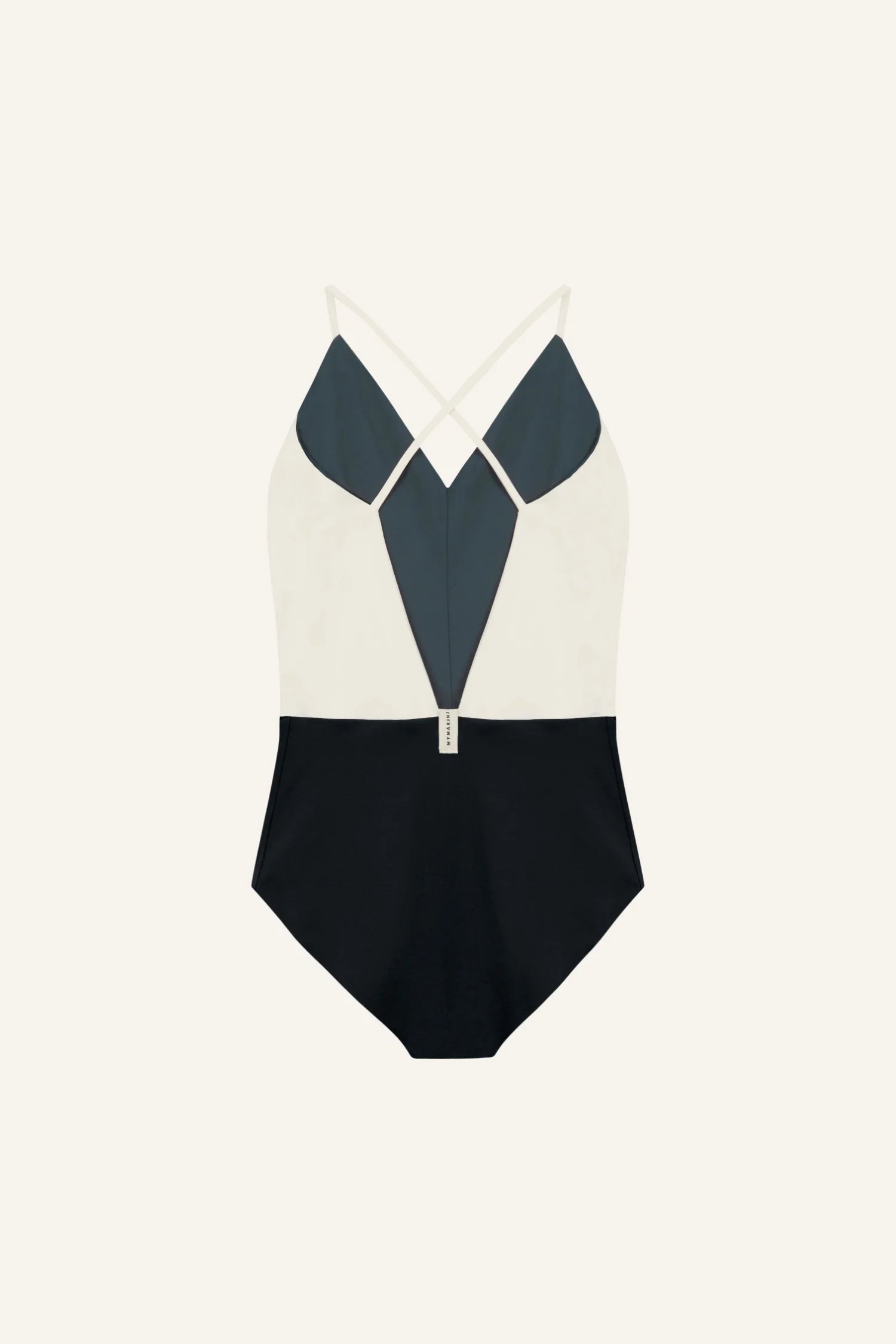 MYMARINI One-Piece Badeanzug mit V-Ausschnitt und Spaghettiträgern in Schwarz, Weiß und Dunkelgrau.#color_black-grey-white