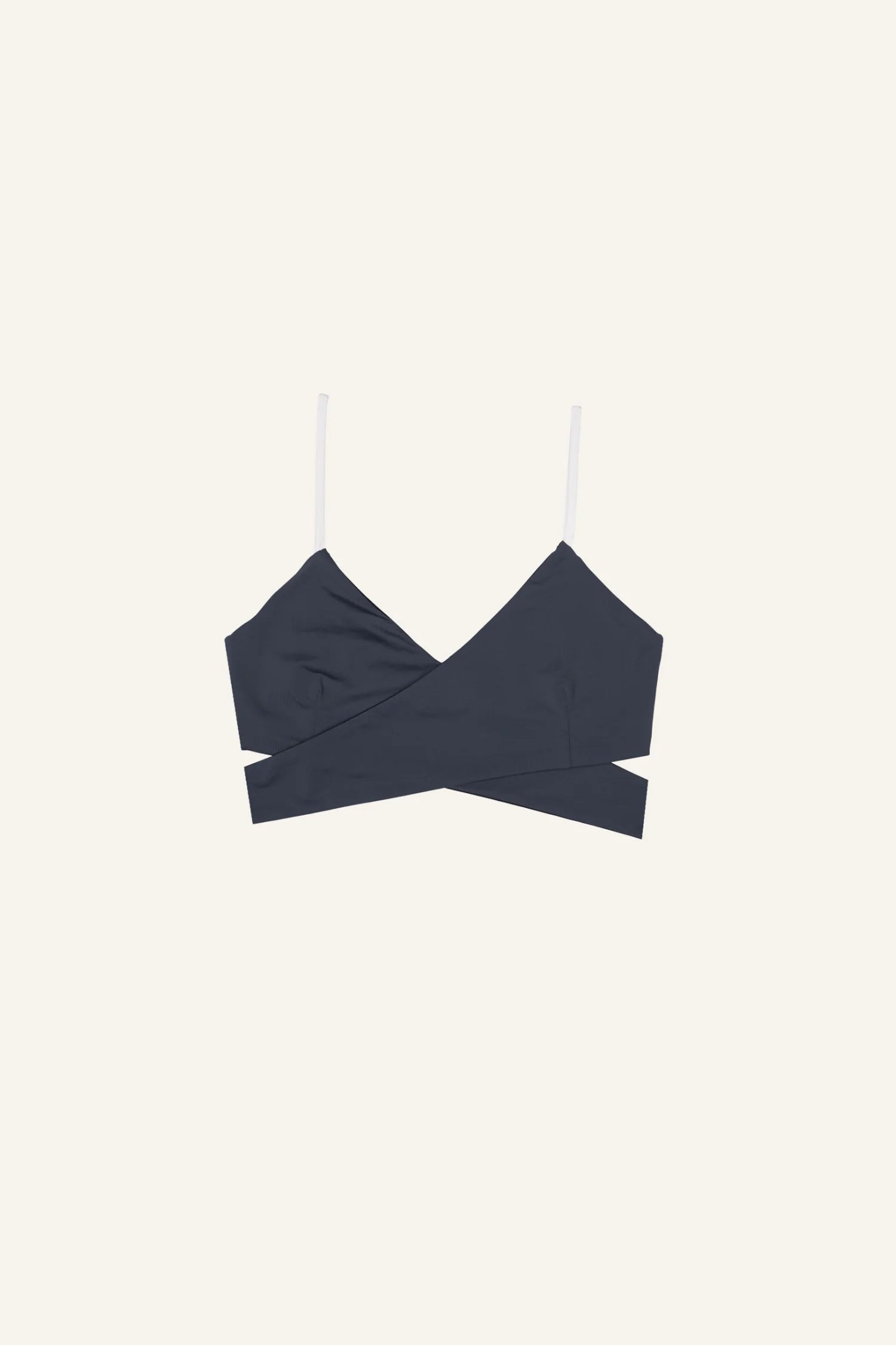 Bikinitop von MYMARINI in Dunkelblau mit schmalen Trägern und Wickeldesign. Ideal für stilvolle Strandauftritte.#color_black-grey-white