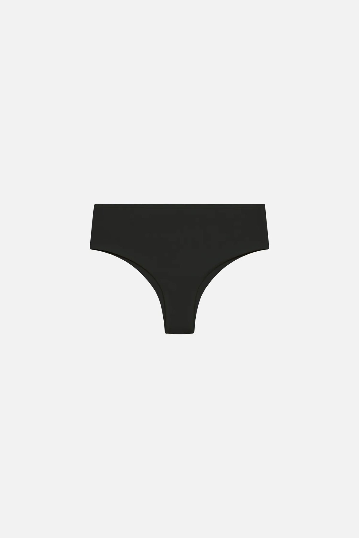 Schwarze Bikinihose von MYMARINI mit hohem Beinausschnitt vor hellem Hintergrund.#color_black-ribbed