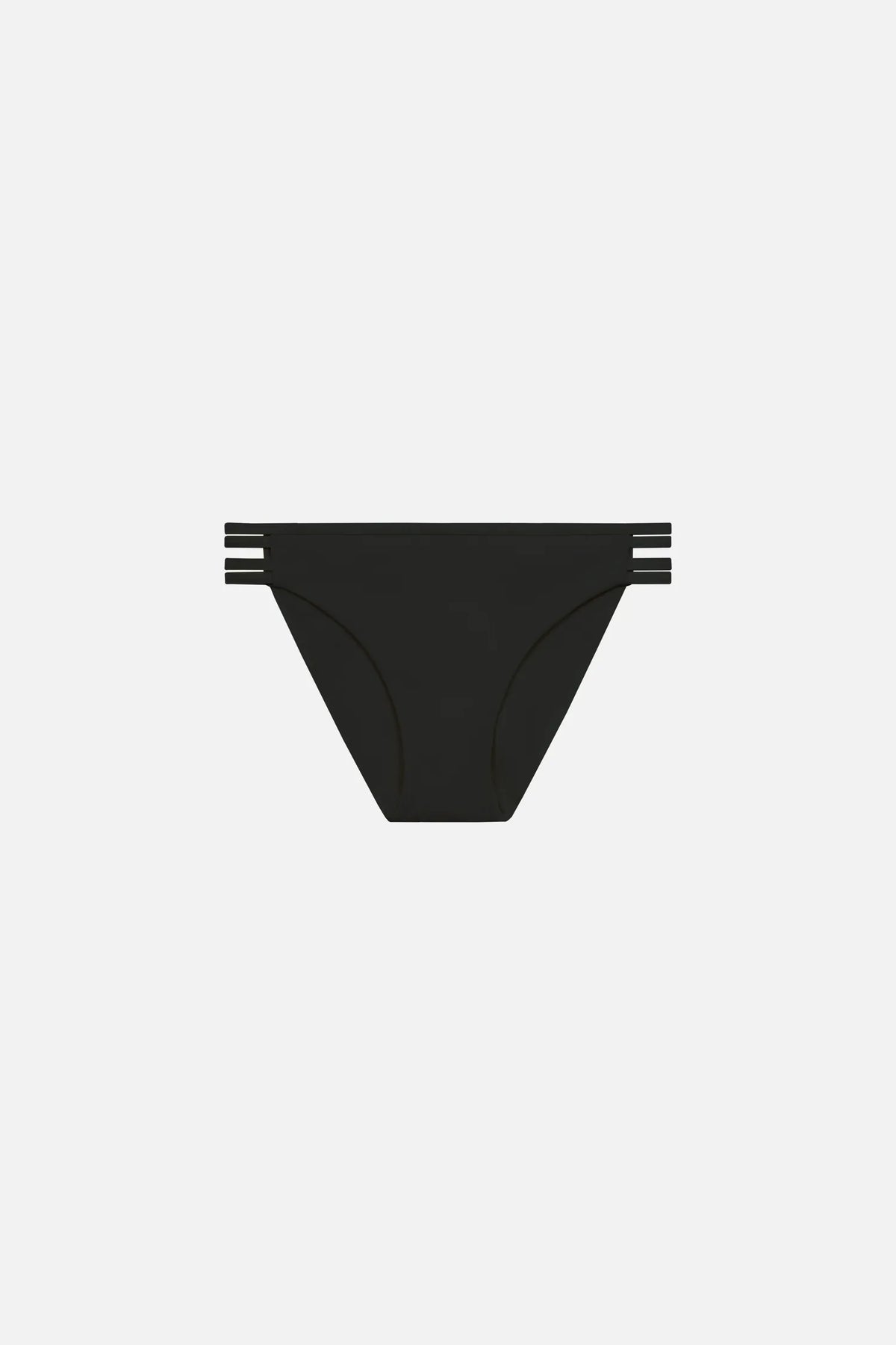 Schwarze MYMARINI Bikinihose mit mittlerem Beinausschnitt und seitlichen Streifen auf hellem Hintergrund.#color_black-ribbed