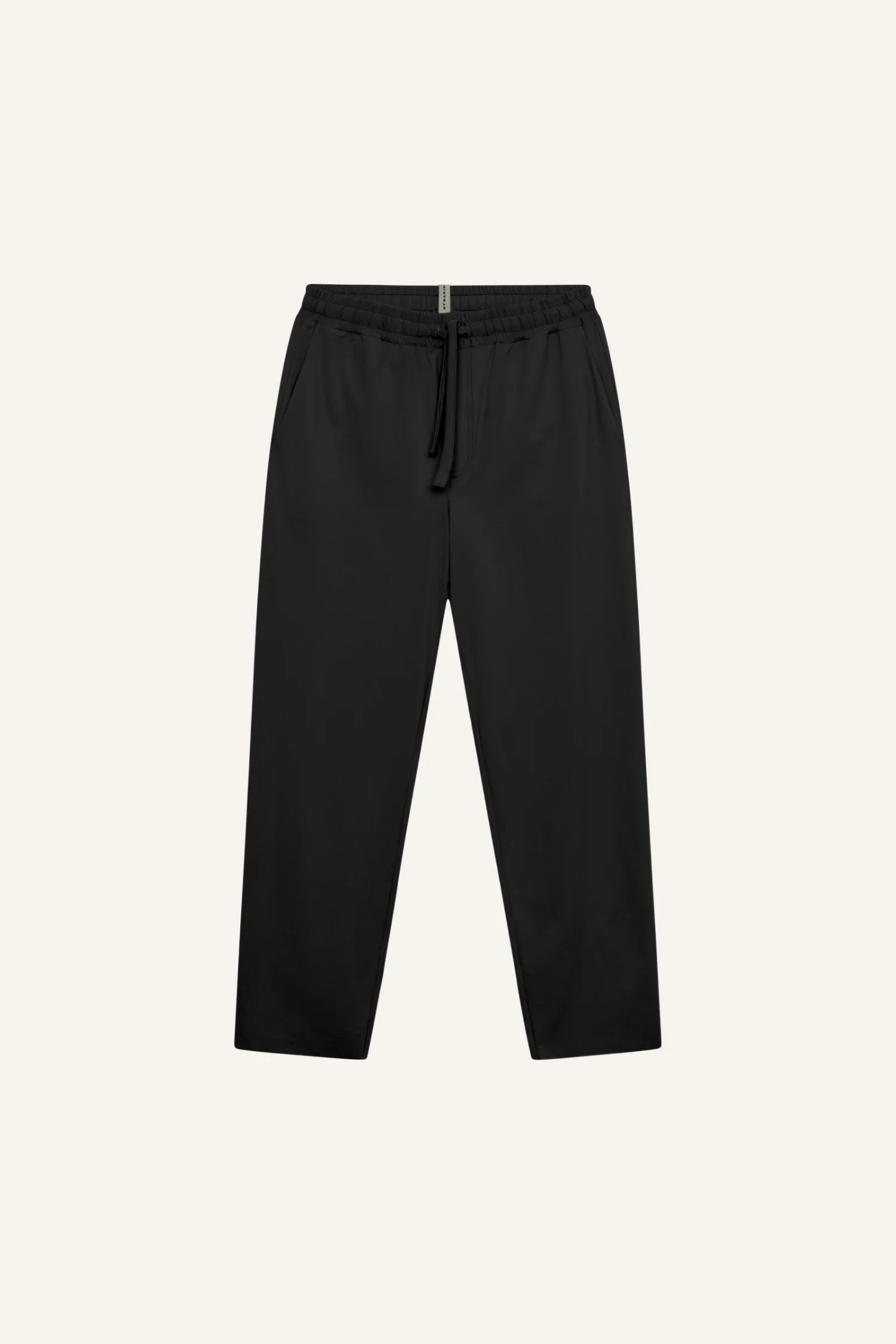 Schwarze MYMARINI-Hose mit elastischem Bund und geradem Schnitt, vor hellem Hintergrund.#color_black
