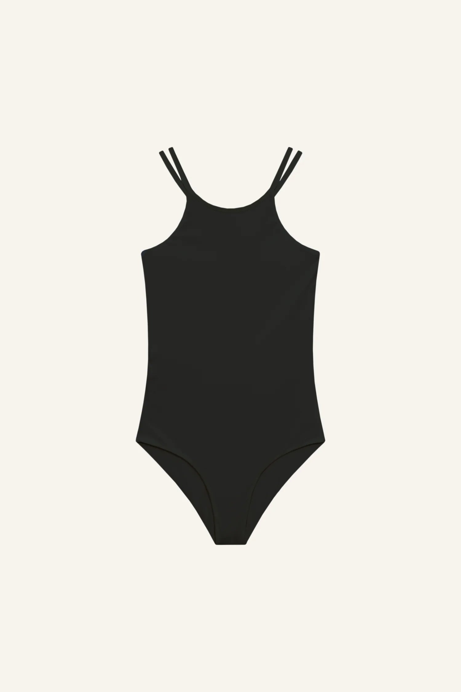 Schwarzer MYMARINI Badeanzug mit hohem Beinausschnitt und Spaghettiträgern auf hellem Hintergrund.#color_black