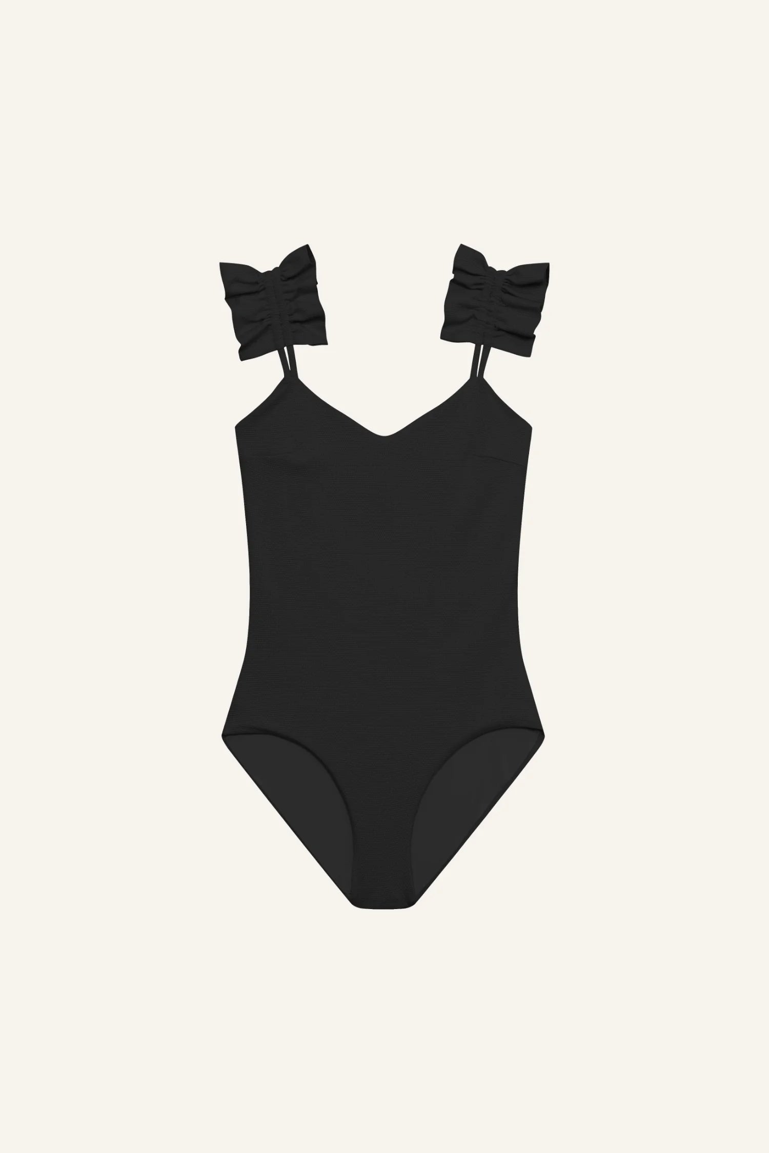 Schwarzer Badeanzug von MYMARINI mit V-Ausschnitt und breiten Trägern, verziert mit Schleifen.#color_black