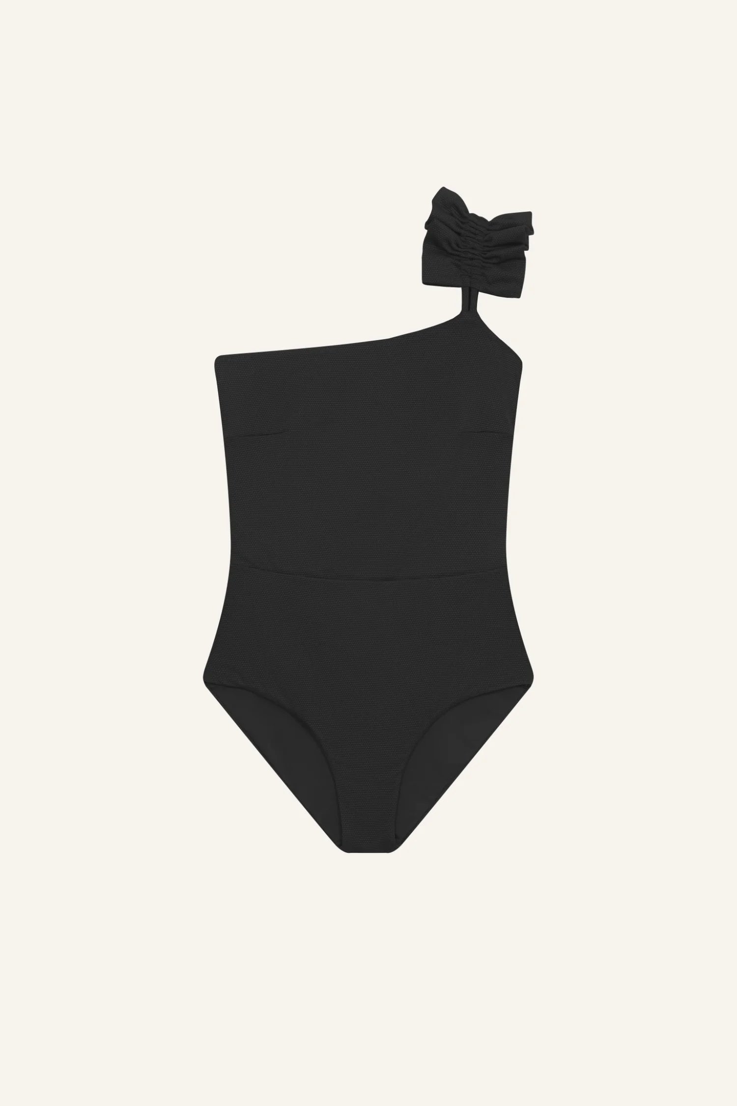 Schwarzer MYMARINI One-Piece mit asymmetrischem Schnitt und breitem Träger auf hellem Hintergrund.#color_black