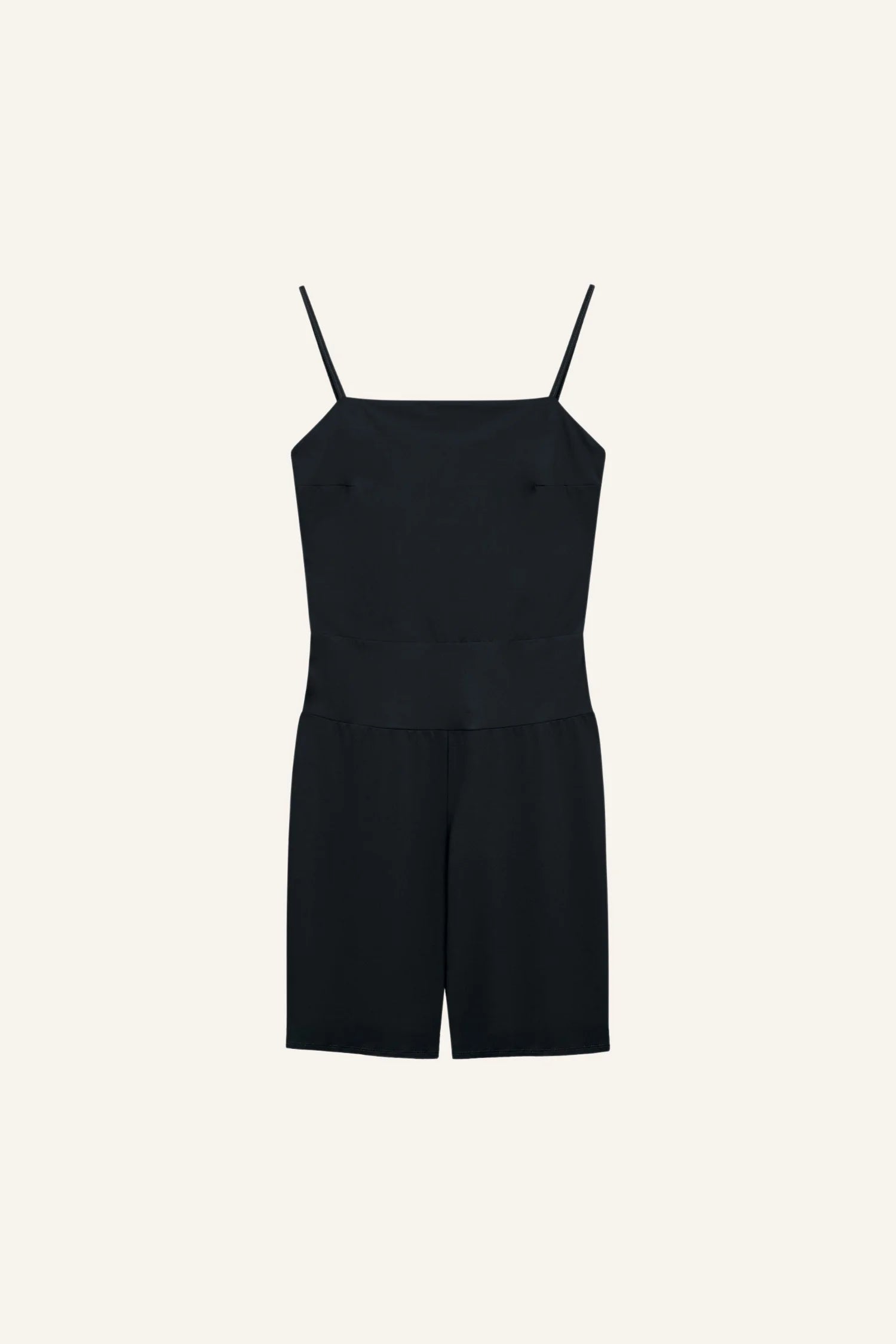 Schwarzer MYMARINI Jumpsuit mit Spaghettiträgern und geradem Ausschnitt, knielang.#color_black